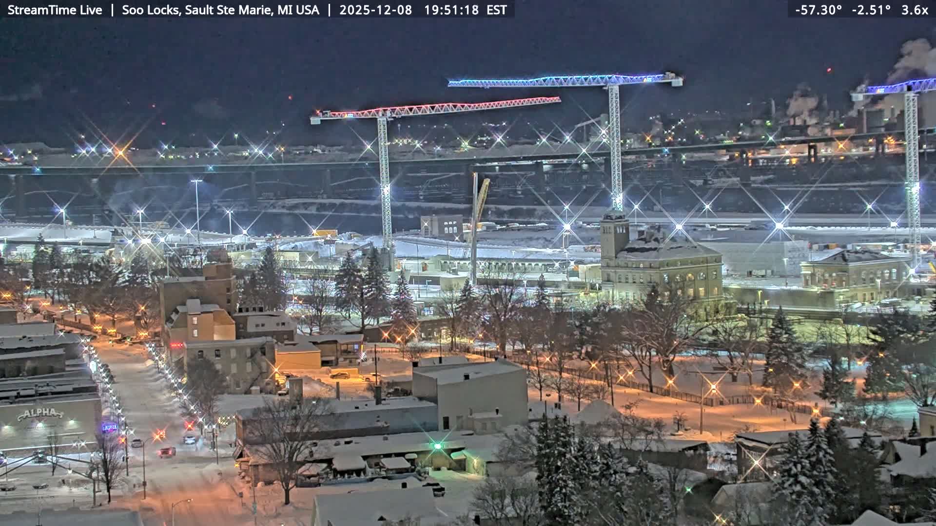 USA - Canada Border, Sault Ste. Marie USA / Sault Ste. Marie Canada Cities & St. Marys River Panoramic Live Cam - Sault Ste. Marie, Chippewa, Michigan, USA