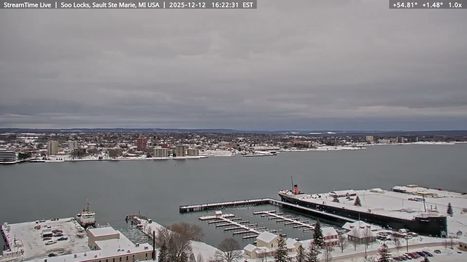 USA - Canada Border, Sault Ste. Marie USA / Sault Ste. Marie Canada Cities & St. Marys River Panoramic Live Cam - Sault Ste. Marie, Chippewa, Michigan, USA