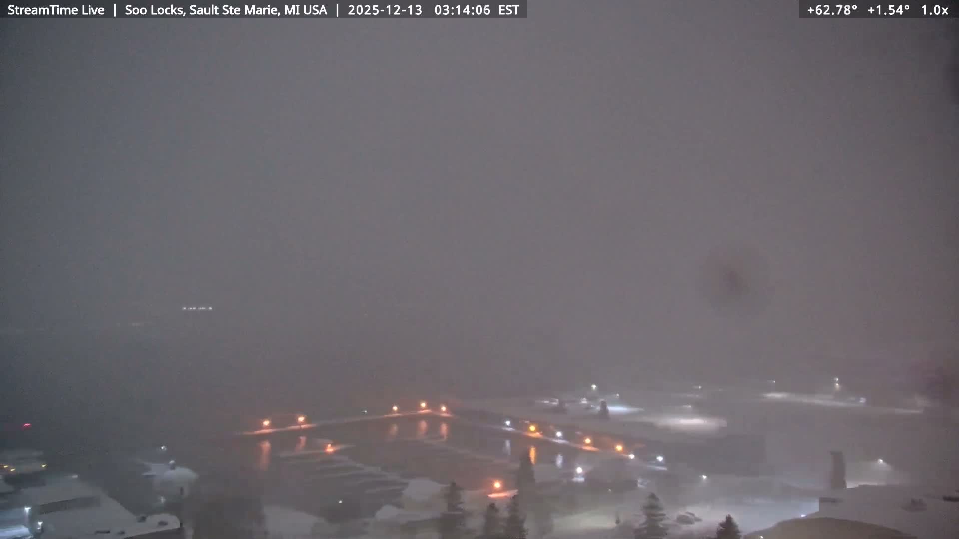 A dark, snowy, and very foggy outdoor scene at night shows numerous artificial lights reflecting on a body of water, with faint shapes of buildings and trees barely visible through the thick atmosphere.