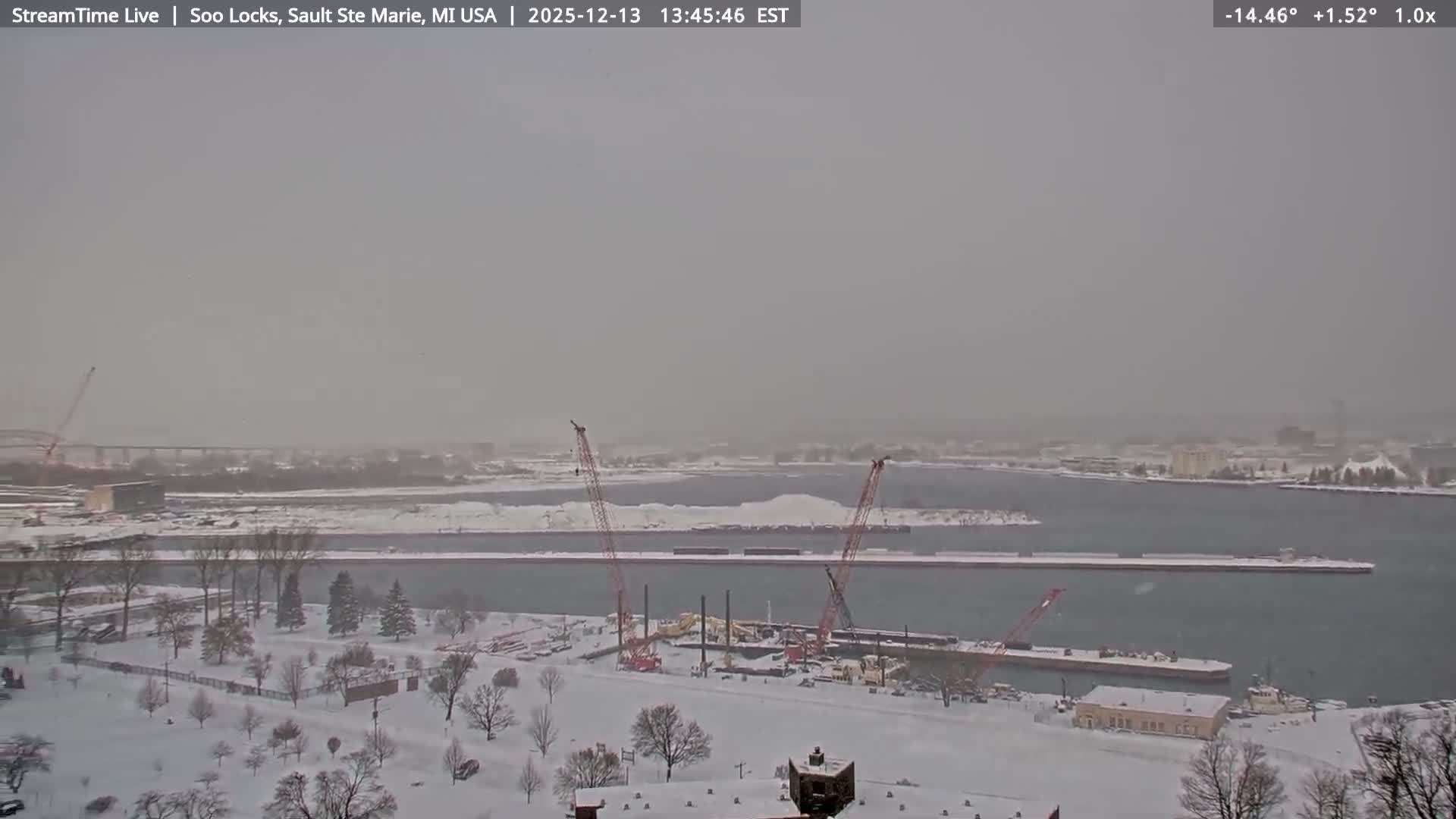 USA - Canada Border, Sault Ste. Marie USA / Sault Ste. Marie Canada Cities & St. Marys River Panoramic Live Cam - Sault Ste. Marie, Chippewa, Michigan, USA