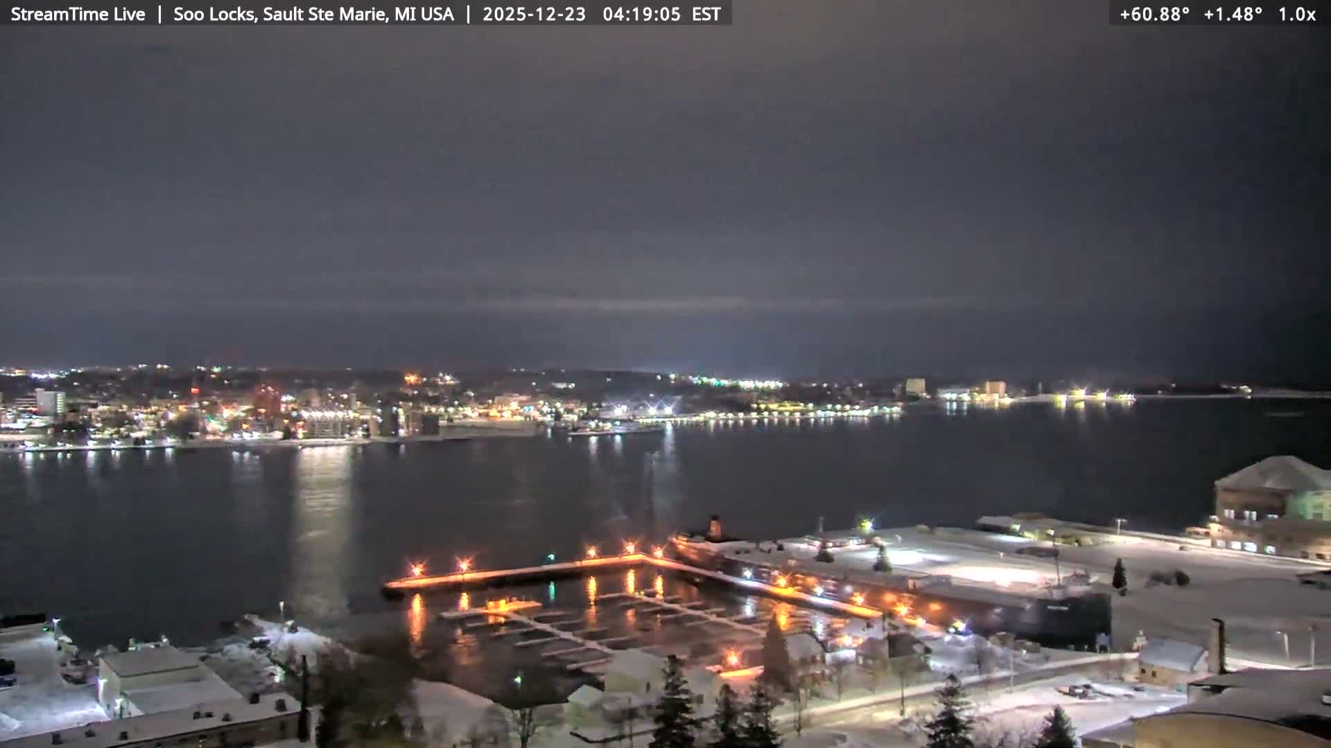USA - Canada Border, Sault Ste. Marie USA / Sault Ste. Marie Canada Cities & St. Marys River Panoramic Live Cam - Sault Ste. Marie, Chippewa, Michigan, USA