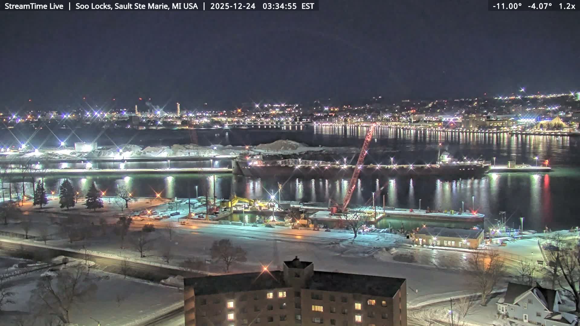 USA - Canada Border, Sault Ste. Marie USA / Sault Ste. Marie Canada Cities & St. Marys River Panoramic Live Cam - Sault Ste. Marie, Chippewa, Michigan, USA