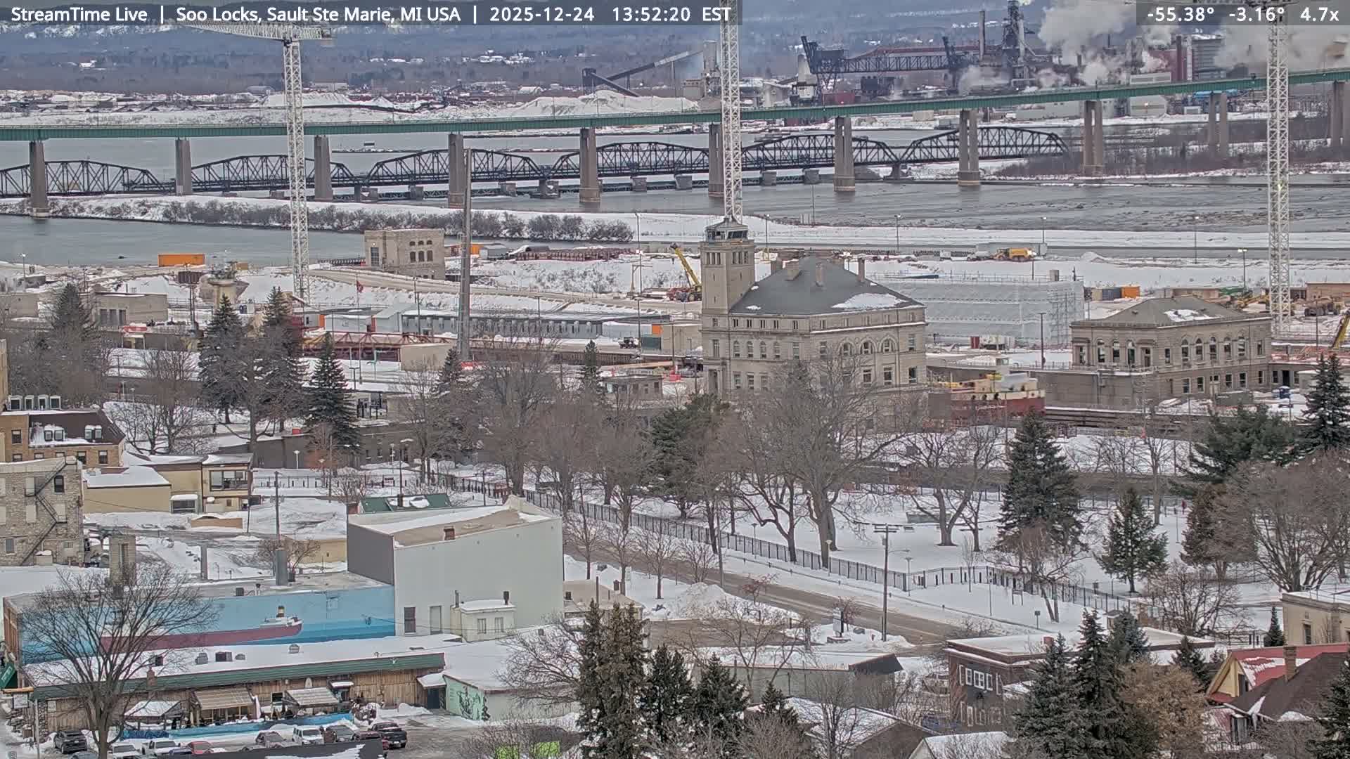 USA - Canada Border, Sault Ste. Marie USA / Sault Ste. Marie Canada Cities & St. Marys River Panoramic Live Cam - Sault Ste. Marie, Chippewa, Michigan, USA