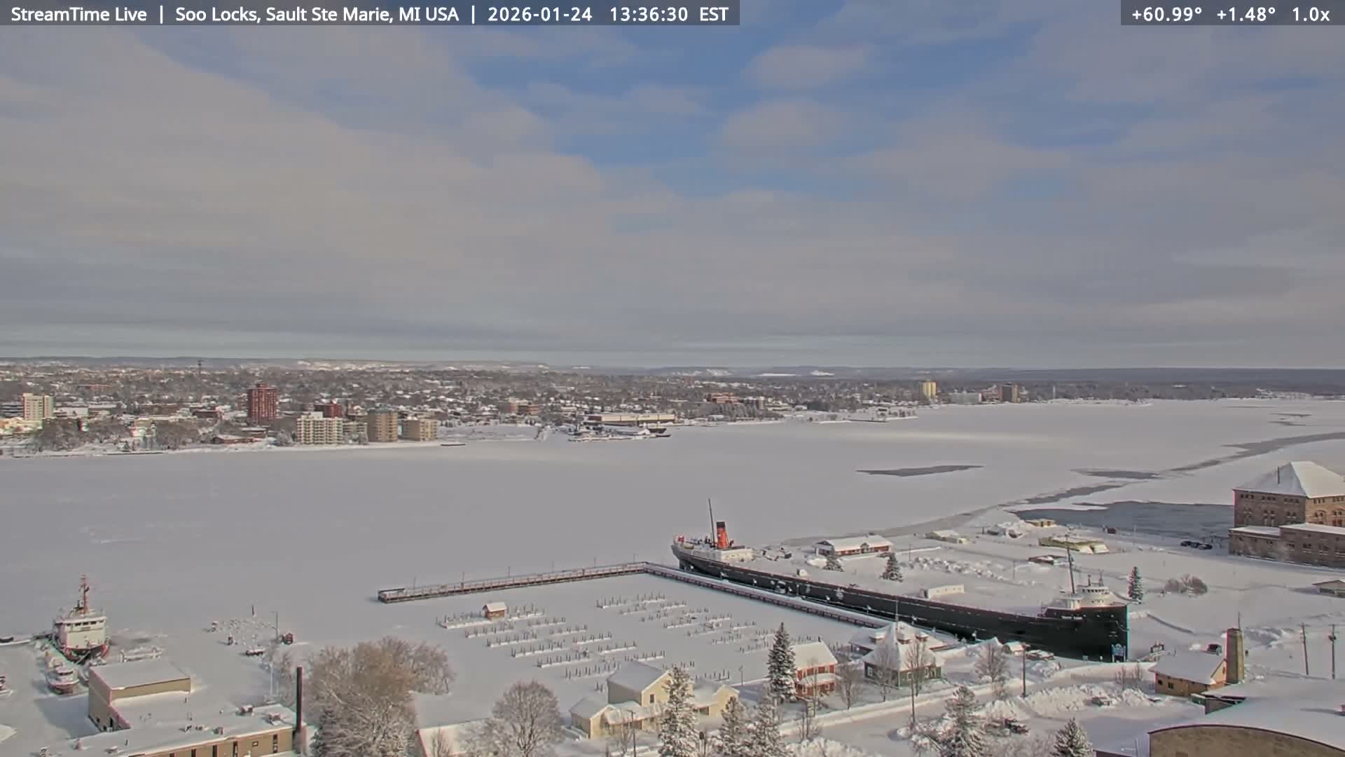 USA - Canada Border, Sault Ste. Marie USA / Sault Ste. Marie Canada Cities & St. Marys River Panoramic Live Cam - Sault Ste. Marie, Chippewa, Michigan, USA