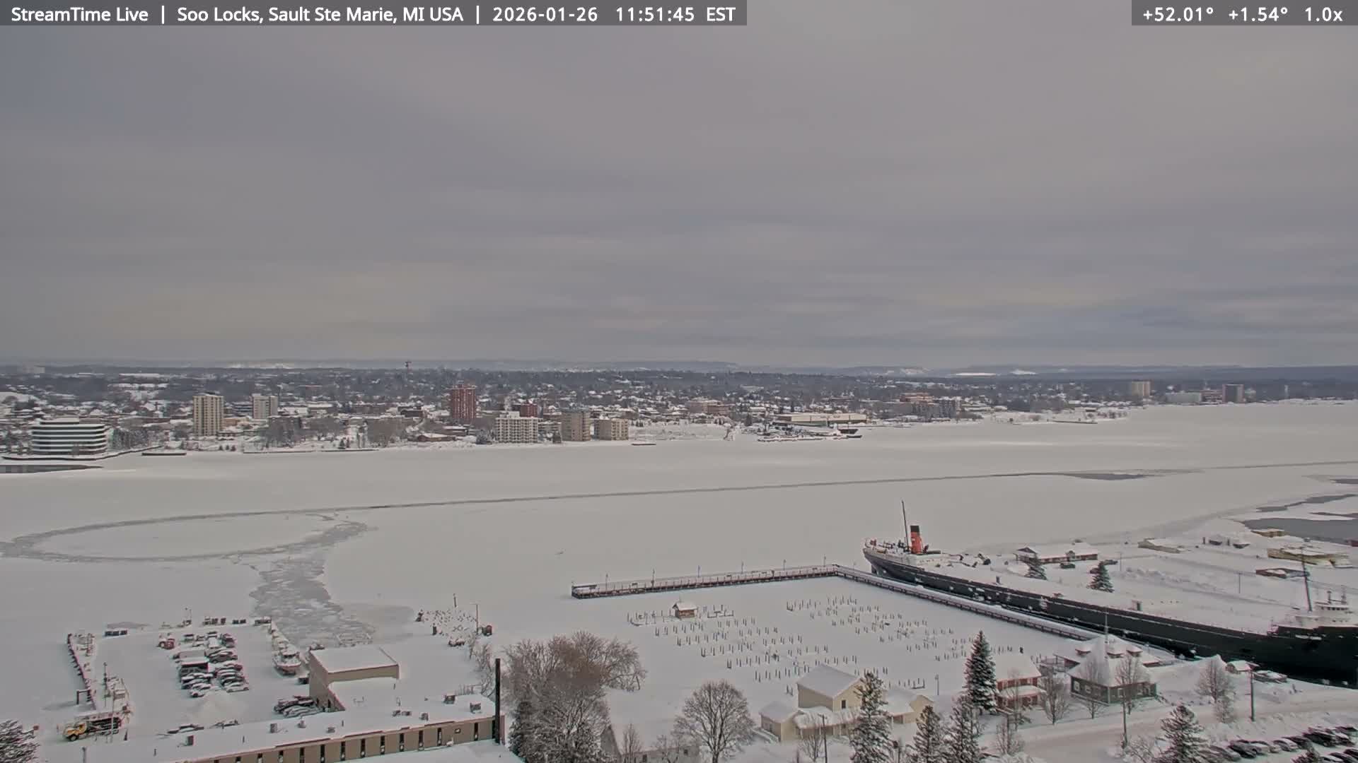USA - Canada Border, Sault Ste. Marie USA / Sault Ste. Marie Canada Cities & St. Marys River Panoramic Live Cam - Sault Ste. Marie, Chippewa, Michigan, USA