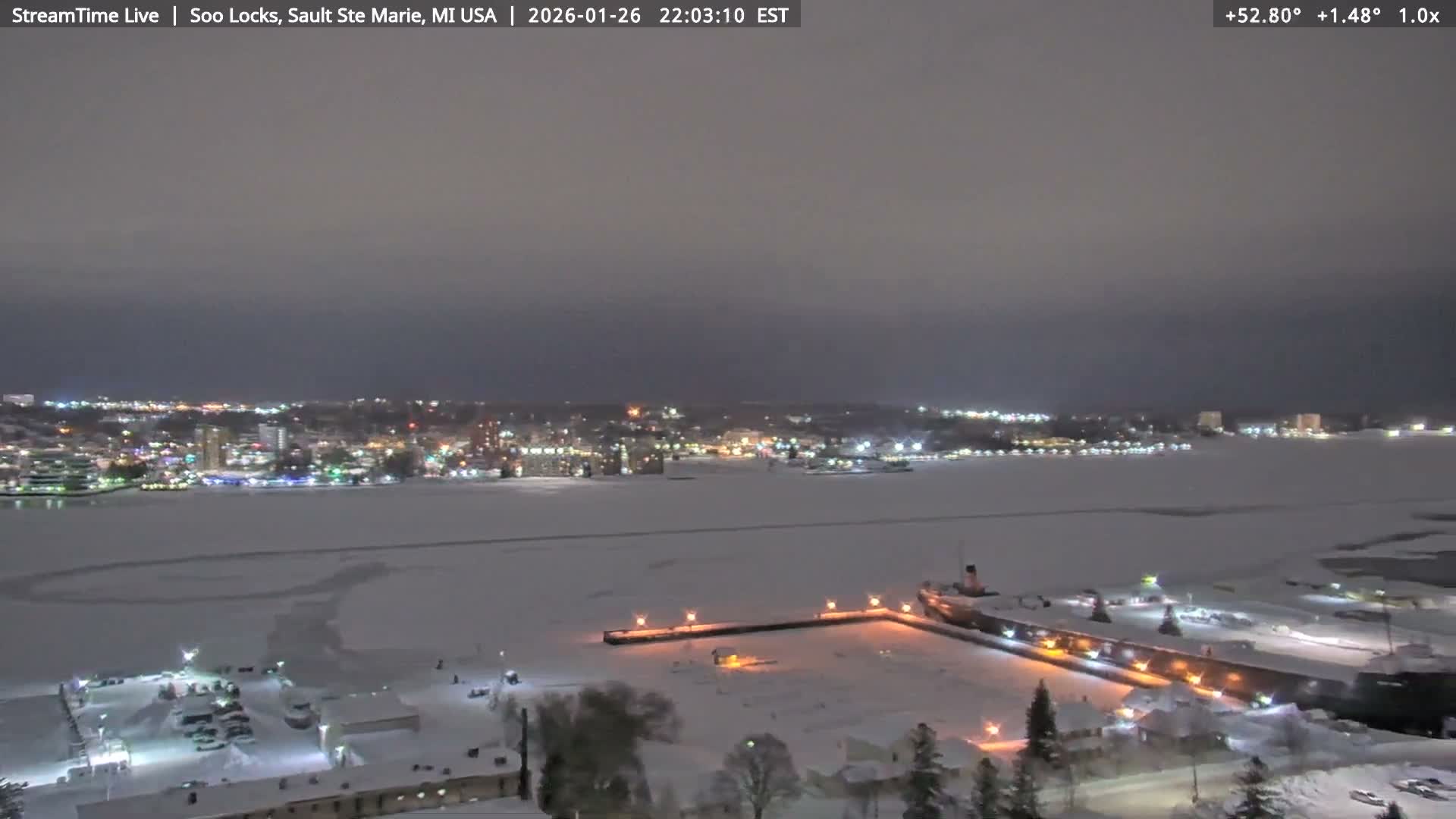 USA - Canada Border, Sault Ste. Marie USA / Sault Ste. Marie Canada Cities & St. Marys River Panoramic Live Cam - Sault Ste. Marie, Chippewa, Michigan, USA