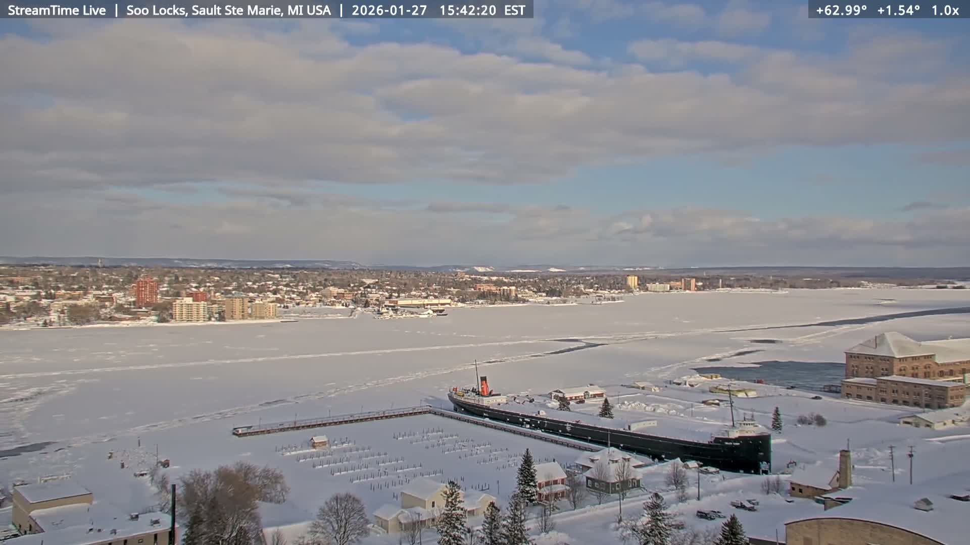 USA - Canada Border, Sault Ste. Marie USA / Sault Ste. Marie Canada Cities & St. Marys River Panoramic Live Cam - Sault Ste. Marie, Chippewa, Michigan, USA