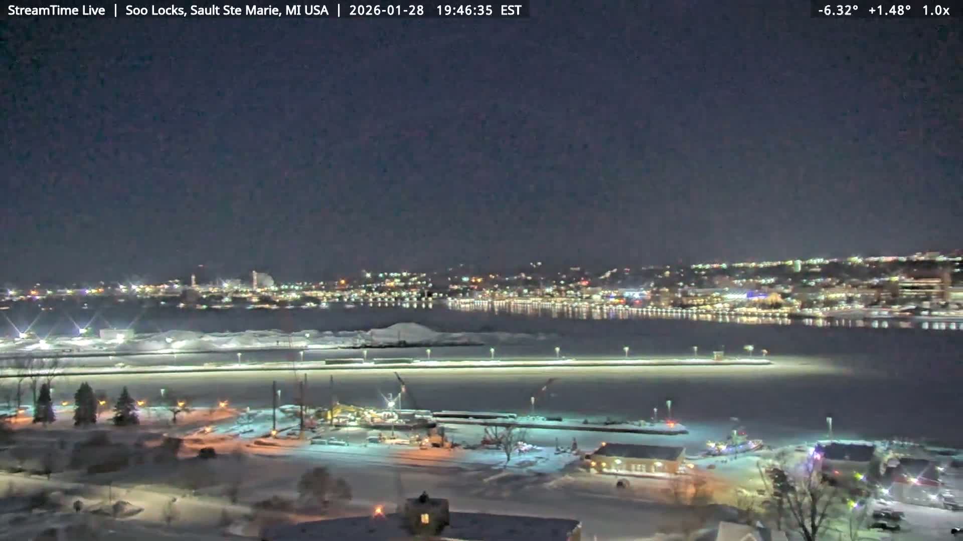 USA - Canada Border, Sault Ste. Marie USA / Sault Ste. Marie Canada Cities & St. Marys River Panoramic Live Cam - Sault Ste. Marie, Chippewa, Michigan, USA