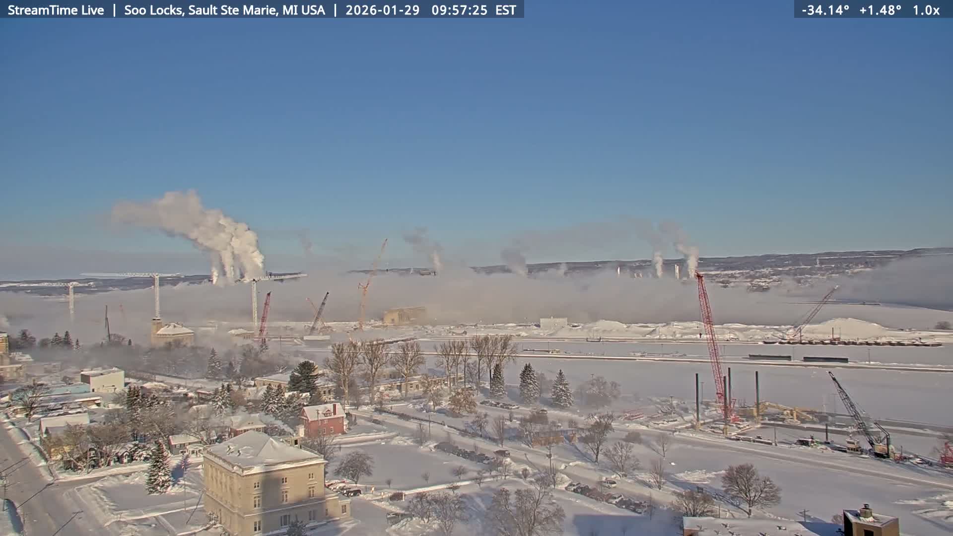 USA - Canada Border, Sault Ste. Marie USA / Sault Ste. Marie Canada Cities & St. Marys River Panoramic Live Cam - Sault Ste. Marie, Chippewa, Michigan, USA