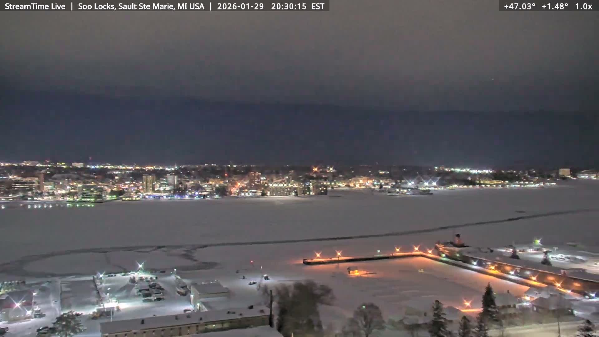 USA - Canada Border, Sault Ste. Marie USA / Sault Ste. Marie Canada Cities & St. Marys River Panoramic Live Cam - Sault Ste. Marie, Chippewa, Michigan, USA