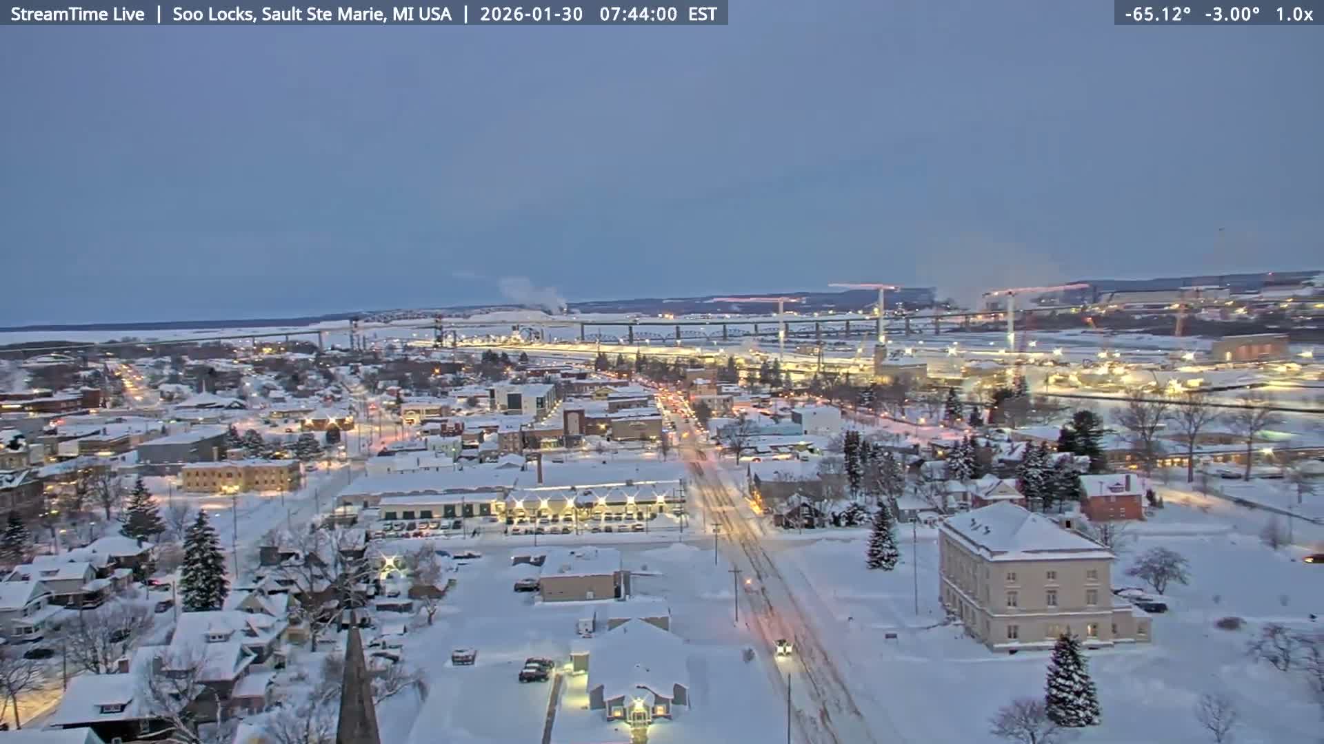 USA - Canada Border, Sault Ste. Marie USA / Sault Ste. Marie Canada Cities & St. Marys River Panoramic Live Cam - Sault Ste. Marie, Chippewa, Michigan, USA