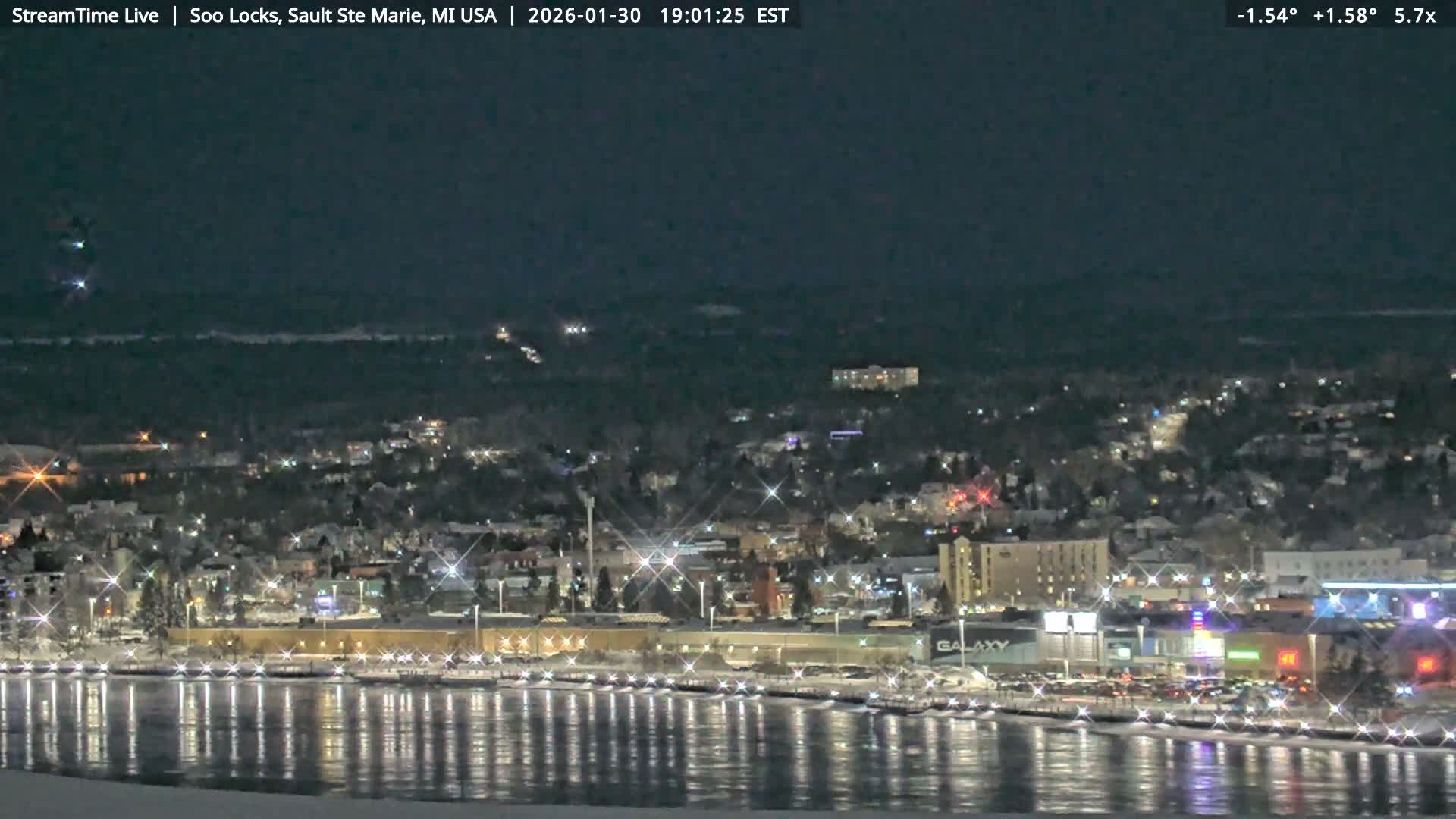 USA - Canada Border, Sault Ste. Marie USA / Sault Ste. Marie Canada Cities & St. Marys River Panoramic Live Cam - Sault Ste. Marie, Chippewa, Michigan, USA