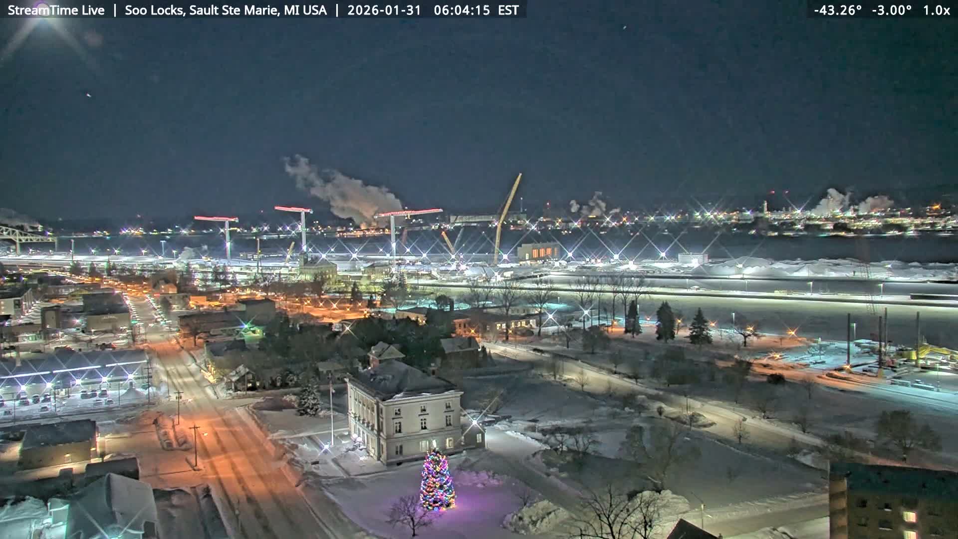 USA - Canada Border, Sault Ste. Marie USA / Sault Ste. Marie Canada Cities & St. Marys River Panoramic Live Cam - Sault Ste. Marie, Chippewa, Michigan, USA