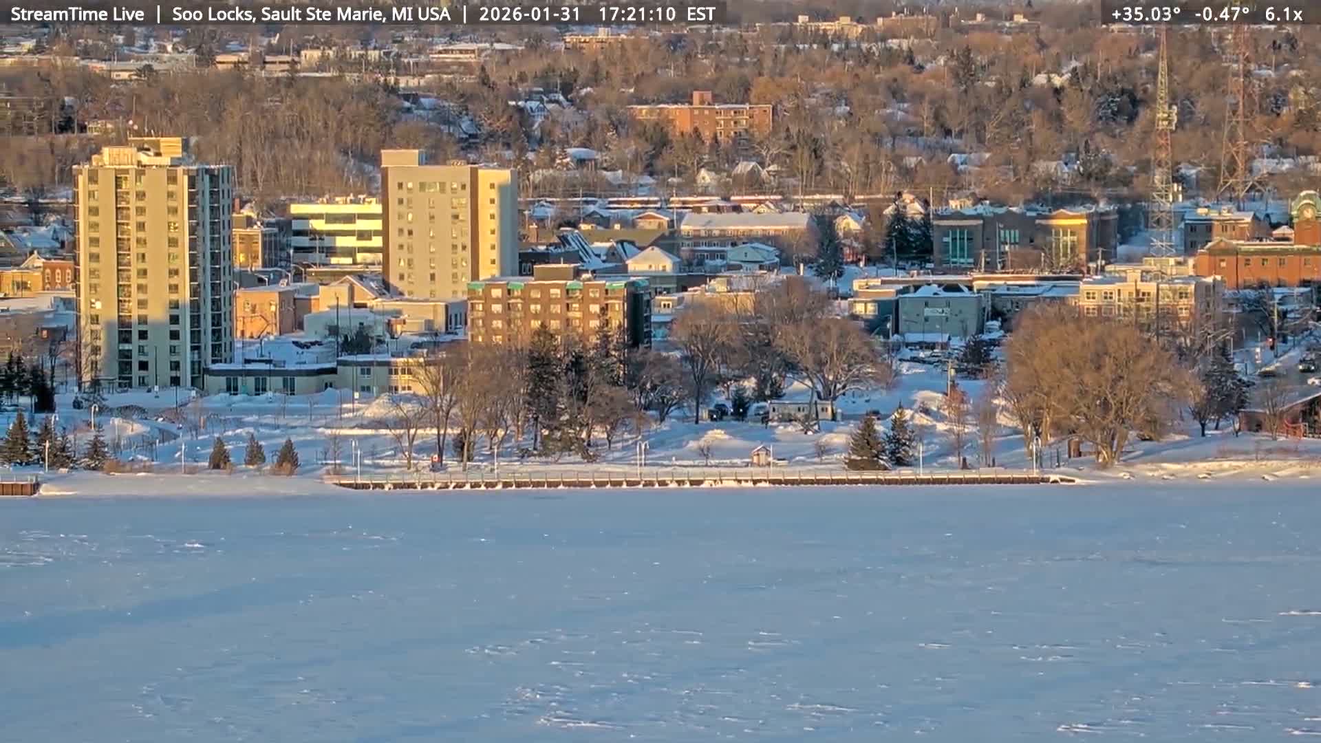 USA - Canada Border, Sault Ste. Marie USA / Sault Ste. Marie Canada Cities & St. Marys River Panoramic Live Cam - Sault Ste. Marie, Chippewa, Michigan, USA