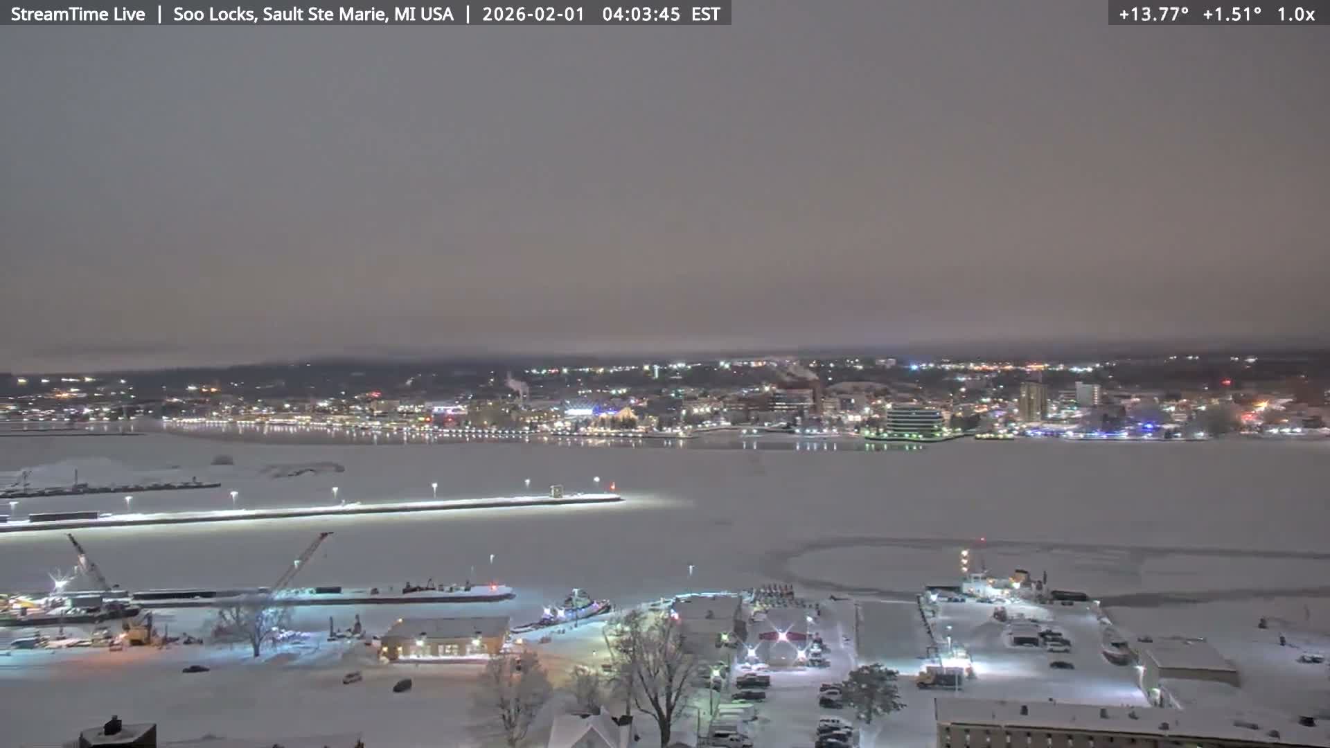 USA - Canada Border, Sault Ste. Marie USA / Sault Ste. Marie Canada Cities & St. Marys River Panoramic Live Cam - Sault Ste. Marie, Chippewa, Michigan, USA