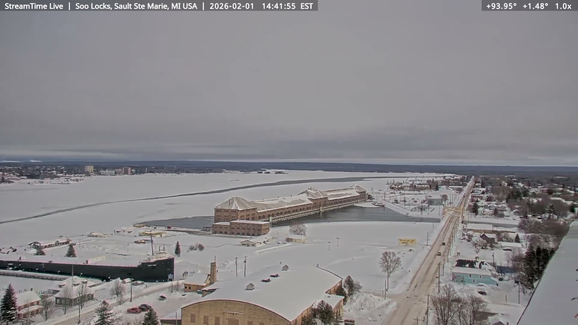 USA - Canada Border, Sault Ste. Marie USA / Sault Ste. Marie Canada Cities & St. Marys River Panoramic Live Cam - Sault Ste. Marie, Chippewa, Michigan, USA