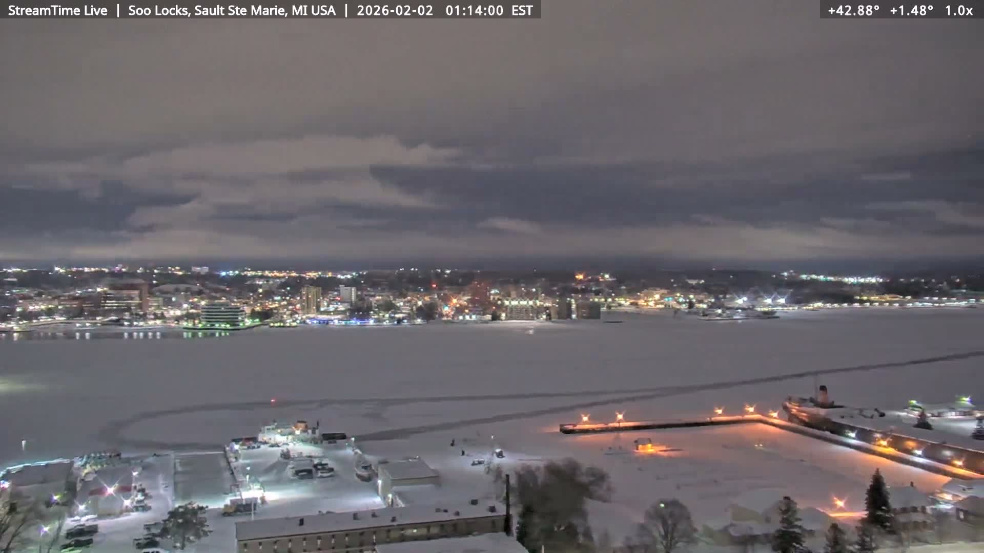 USA - Canada Border, Sault Ste. Marie USA / Sault Ste. Marie Canada Cities & St. Marys River Panoramic Live Cam - Sault Ste. Marie, Chippewa, Michigan, USA