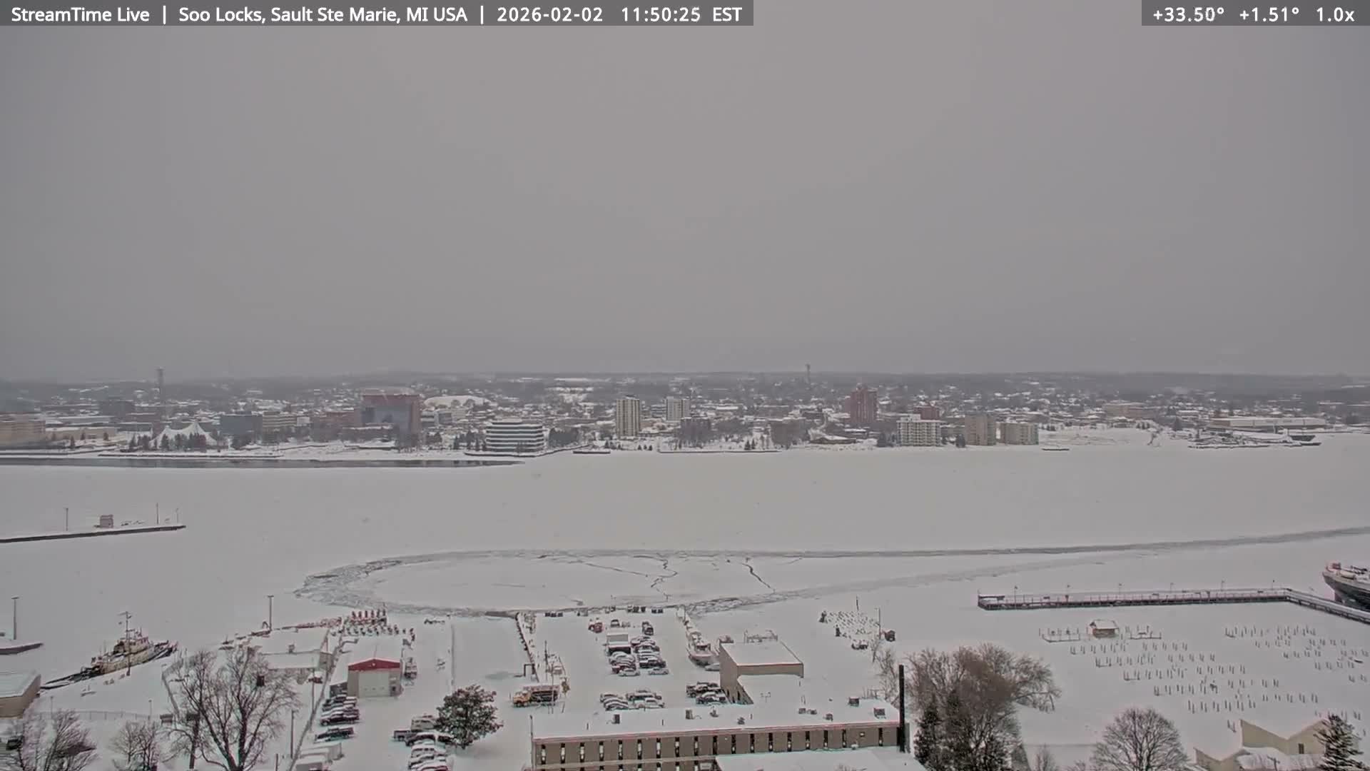 USA - Canada Border, Sault Ste. Marie USA / Sault Ste. Marie Canada Cities & St. Marys River Panoramic Live Cam - Sault Ste. Marie, Chippewa, Michigan, USA