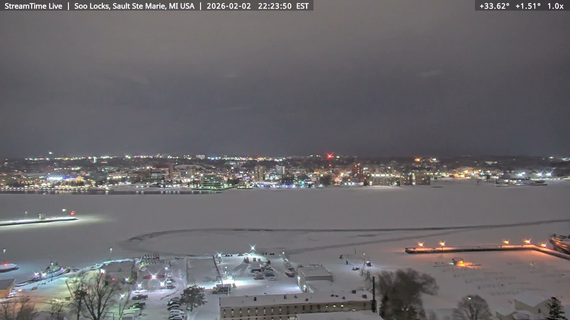 USA - Canada Border, Sault Ste. Marie USA / Sault Ste. Marie Canada Cities & St. Marys River Panoramic Live Cam - Sault Ste. Marie, Chippewa, Michigan, USA