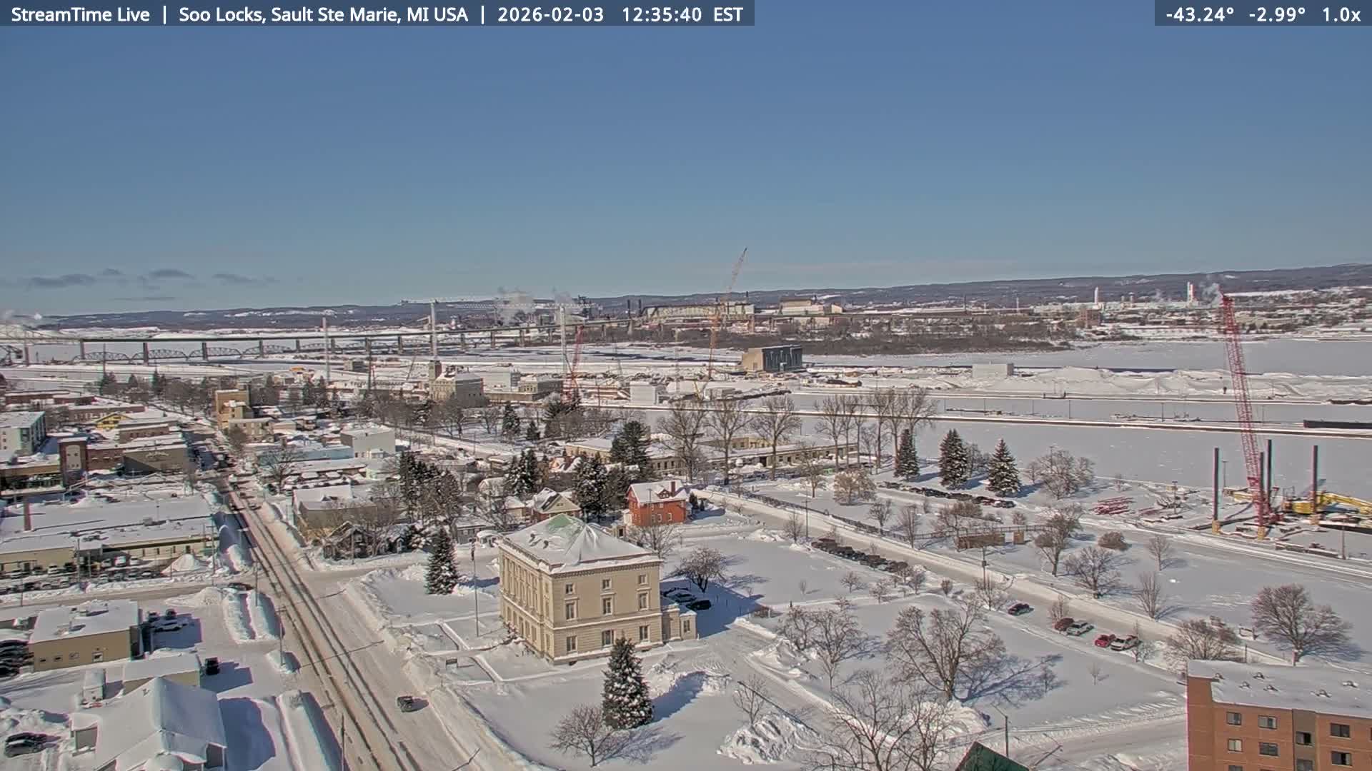 USA - Canada Border, Sault Ste. Marie USA / Sault Ste. Marie Canada Cities & St. Marys River Panoramic Live Cam - Sault Ste. Marie, Chippewa, Michigan, USA