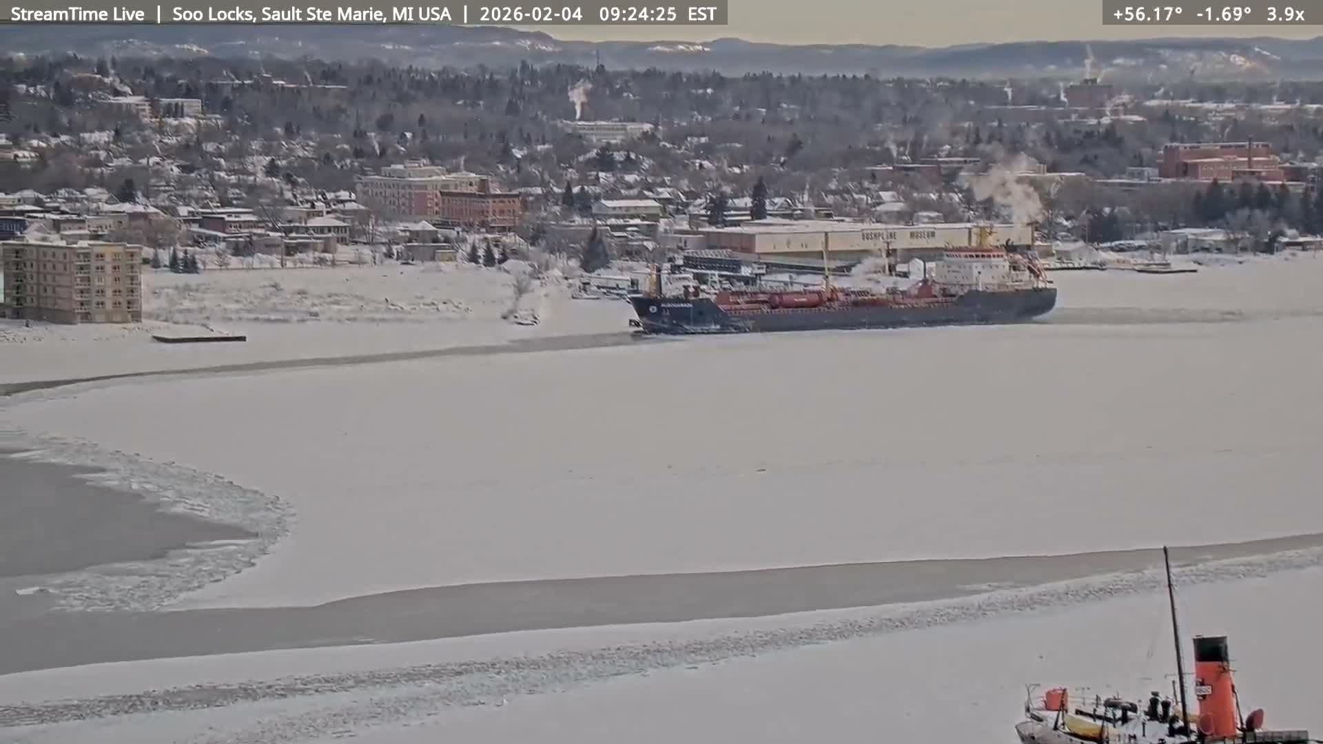 USA - Canada Border, Sault Ste. Marie USA / Sault Ste. Marie Canada Cities & St. Marys River Panoramic Live Cam - Sault Ste. Marie, Chippewa, Michigan, USA