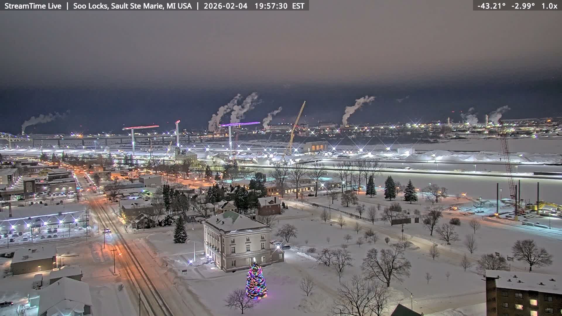 USA - Canada Border, Sault Ste. Marie USA / Sault Ste. Marie Canada Cities & St. Marys River Panoramic Live Cam - Sault Ste. Marie, Chippewa, Michigan, USA