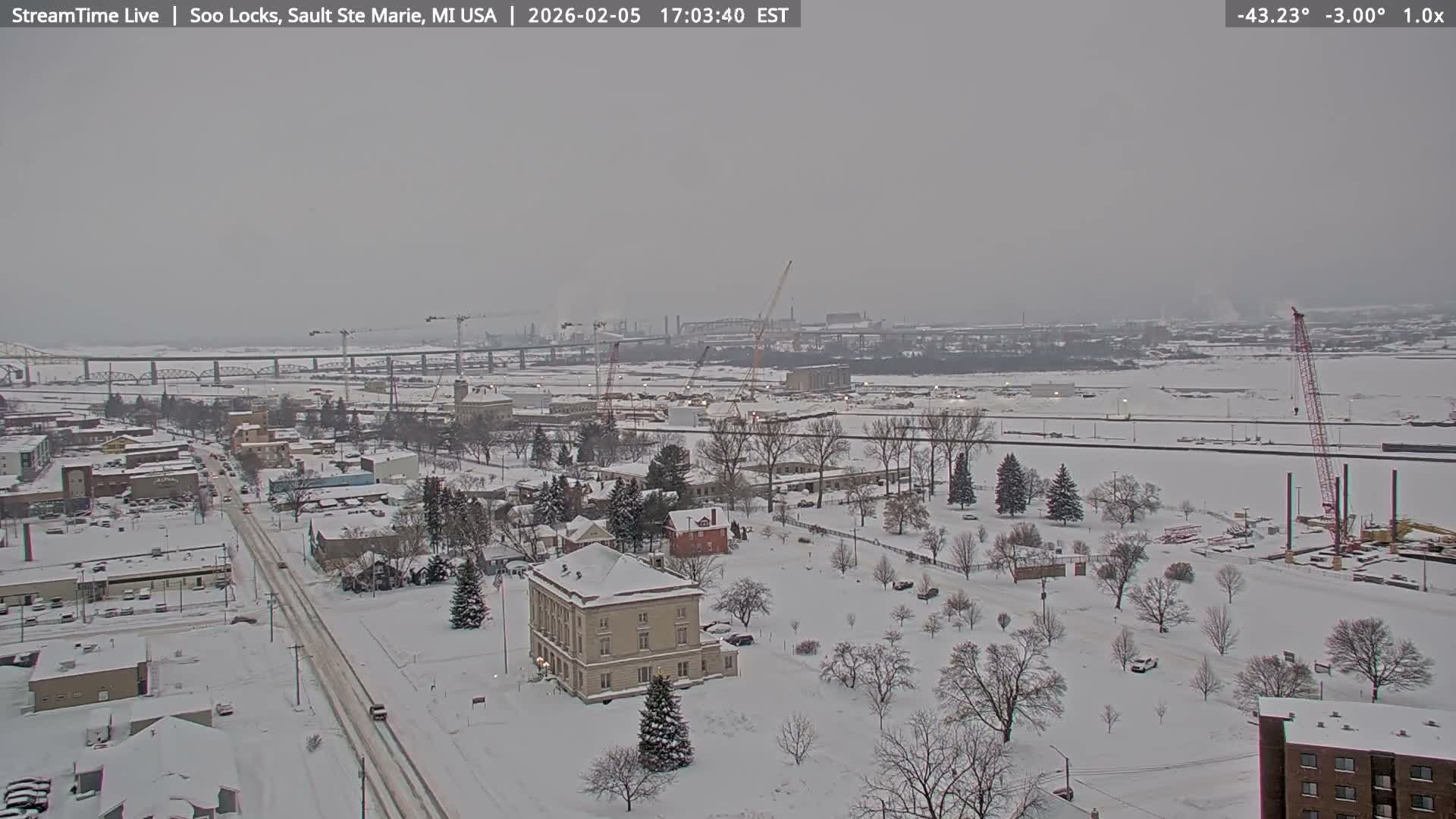 USA - Canada Border, Sault Ste. Marie USA / Sault Ste. Marie Canada Cities & St. Marys River Panoramic Live Cam - Sault Ste. Marie, Chippewa, Michigan, USA