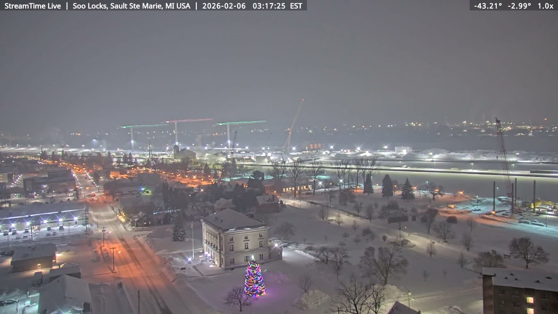 USA - Canada Border, Sault Ste. Marie USA / Sault Ste. Marie Canada Cities & St. Marys River Panoramic Live Cam - Sault Ste. Marie, Chippewa, Michigan, USA