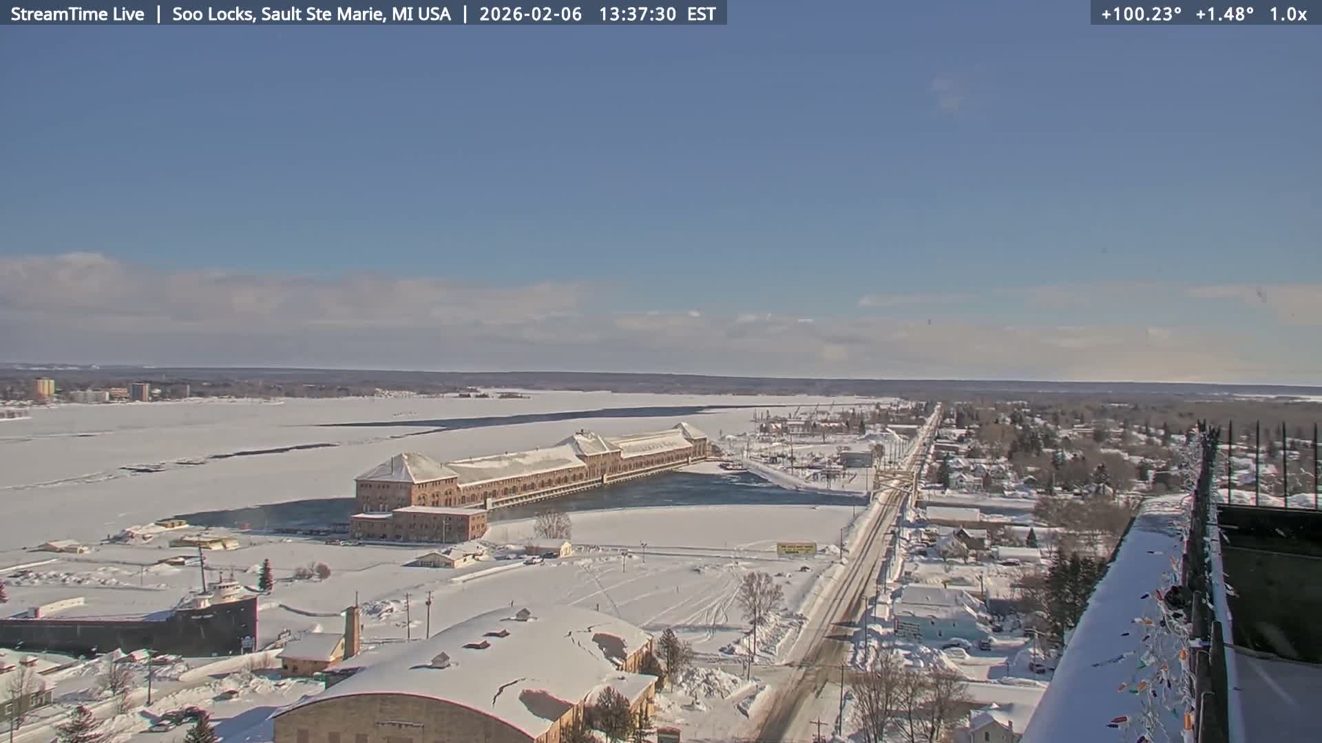 USA - Canada Border, Sault Ste. Marie USA / Sault Ste. Marie Canada Cities & St. Marys River Panoramic Live Cam - Sault Ste. Marie, Chippewa, Michigan, USA