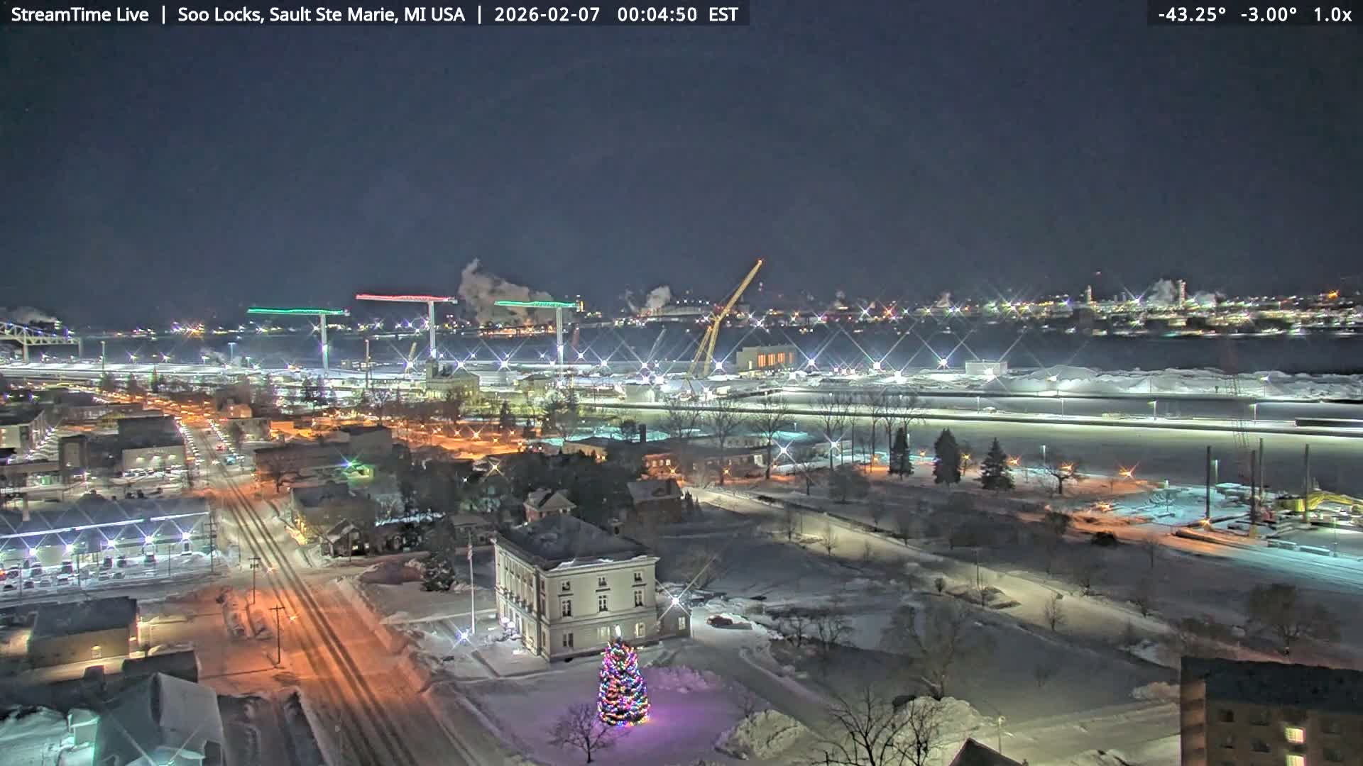 USA - Canada Border, Sault Ste. Marie USA / Sault Ste. Marie Canada Cities & St. Marys River Panoramic Live Cam - Sault Ste. Marie, Chippewa, Michigan, USA