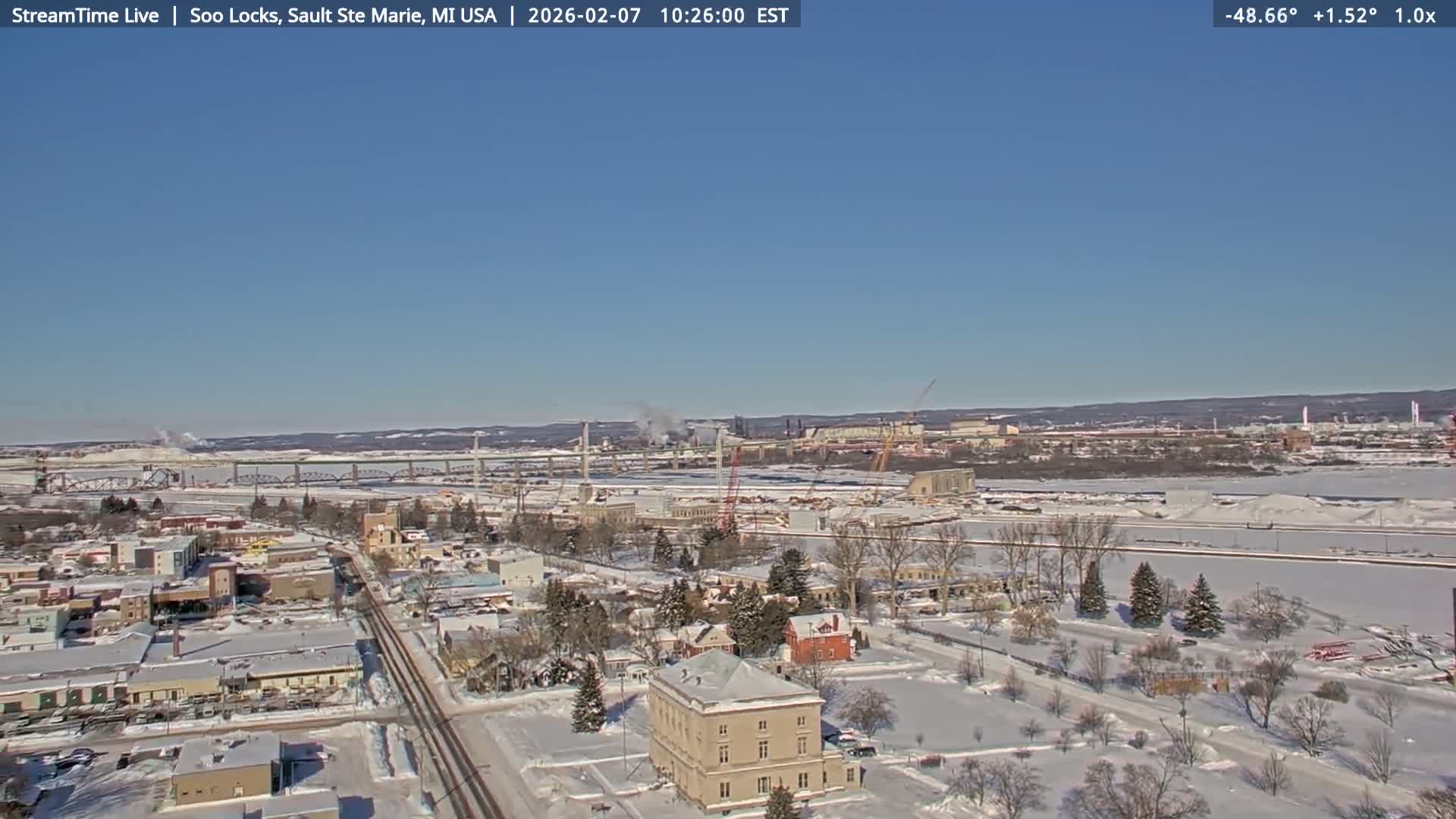 USA - Canada Border, Sault Ste. Marie USA / Sault Ste. Marie Canada Cities & St. Marys River Panoramic Live Cam - Sault Ste. Marie, Chippewa, Michigan, USA