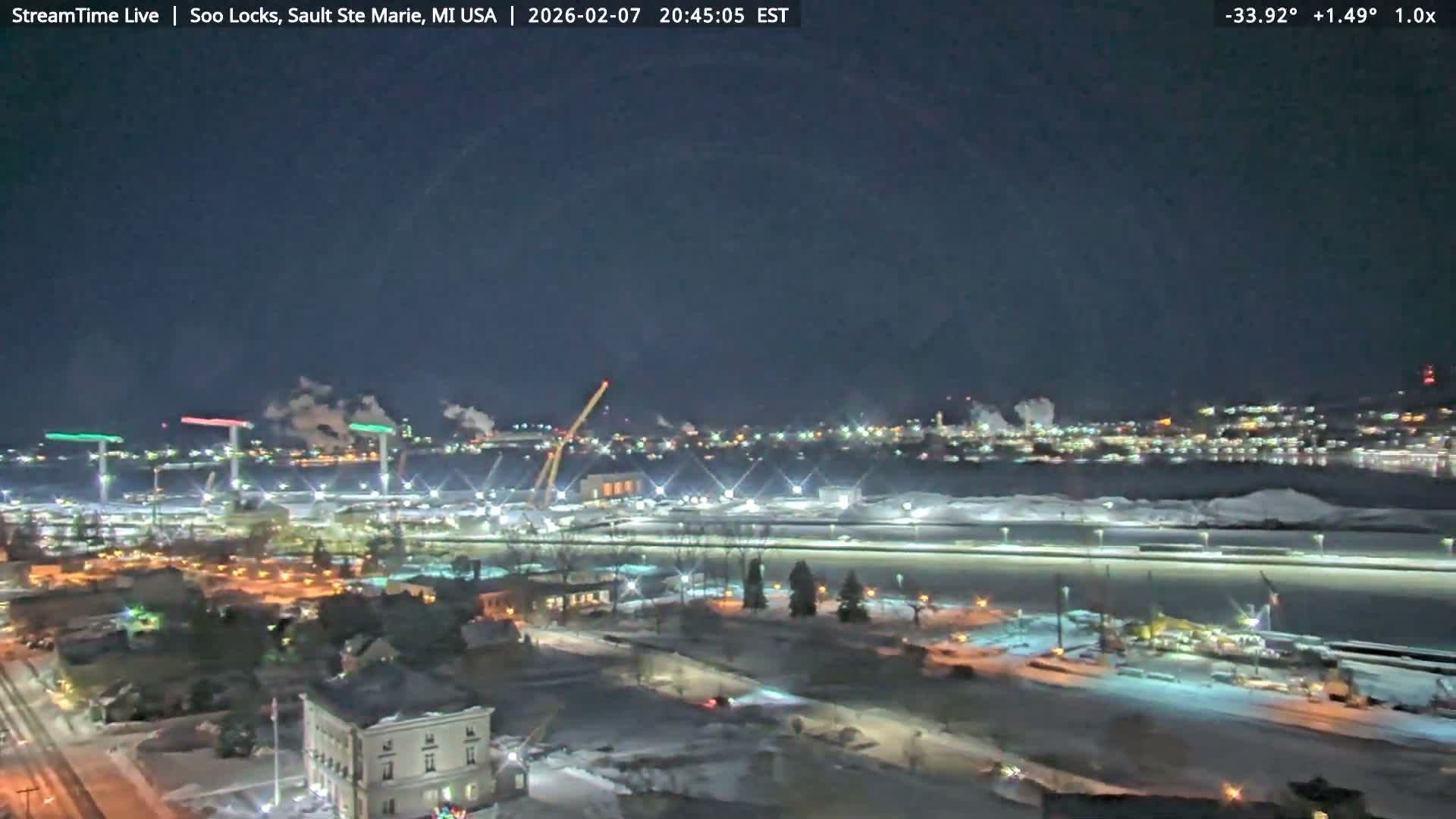 USA - Canada Border, Sault Ste. Marie USA / Sault Ste. Marie Canada Cities & St. Marys River Panoramic Live Cam - Sault Ste. Marie, Chippewa, Michigan, USA