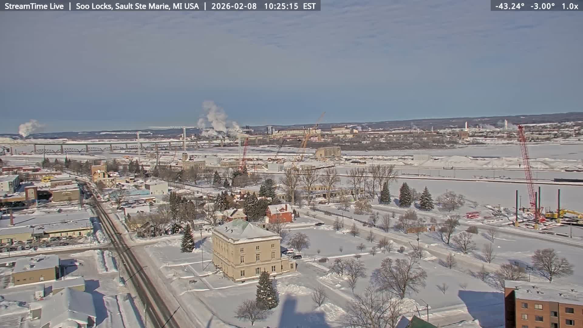 USA - Canada Border, Sault Ste. Marie USA / Sault Ste. Marie Canada Cities & St. Marys River Panoramic Live Cam - Sault Ste. Marie, Chippewa, Michigan, USA