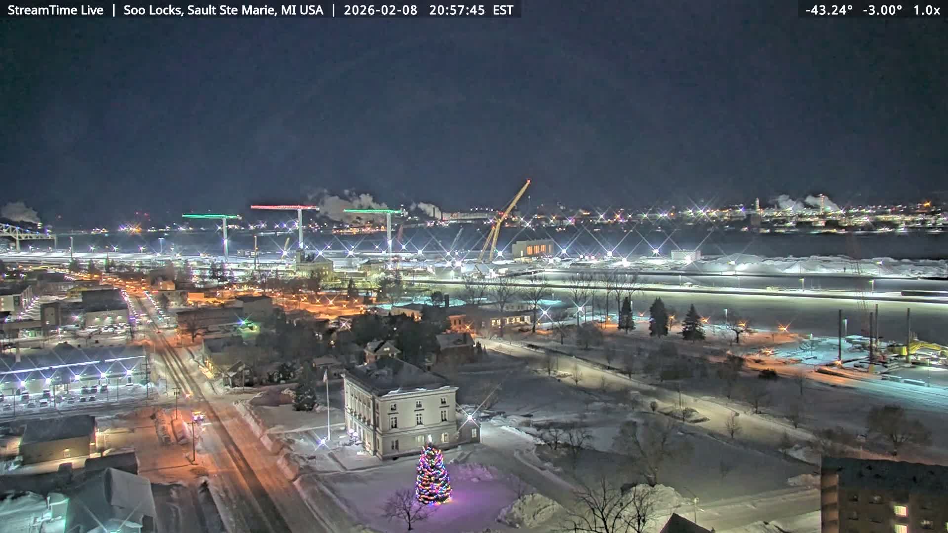 USA - Canada Border, Sault Ste. Marie USA / Sault Ste. Marie Canada Cities & St. Marys River Panoramic Live Cam - Sault Ste. Marie, Chippewa, Michigan, USA
