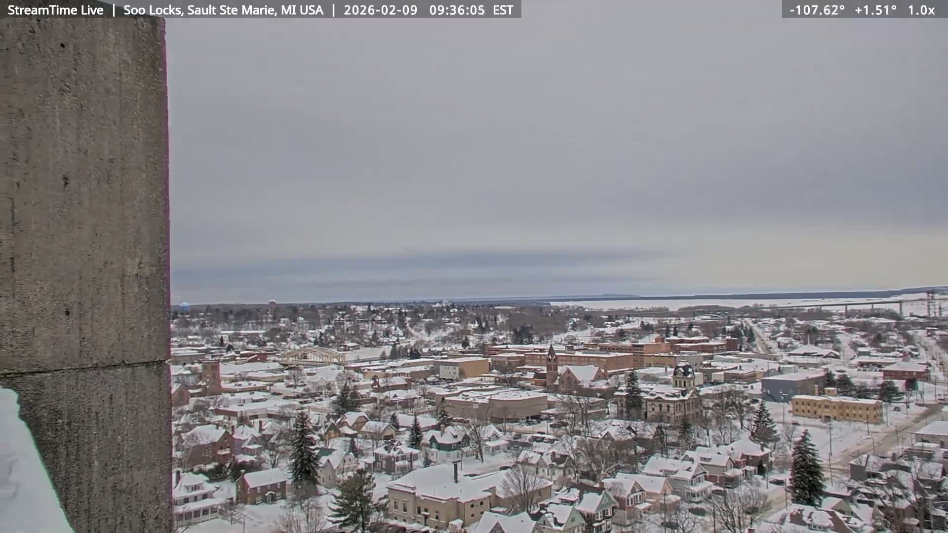 USA - Canada Border, Sault Ste. Marie USA / Sault Ste. Marie Canada Cities & St. Marys River Panoramic Live Cam - Sault Ste. Marie, Chippewa, Michigan, USA