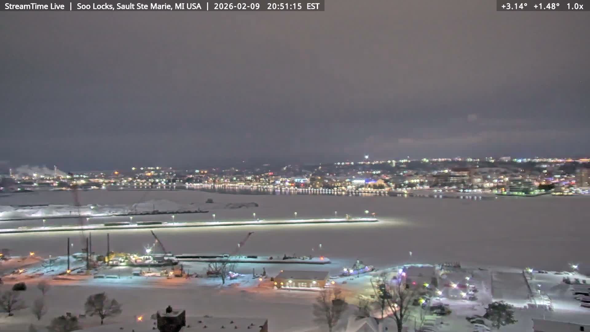 USA - Canada Border, Sault Ste. Marie USA / Sault Ste. Marie Canada Cities & St. Marys River Panoramic Live Cam - Sault Ste. Marie, Chippewa, Michigan, USA
