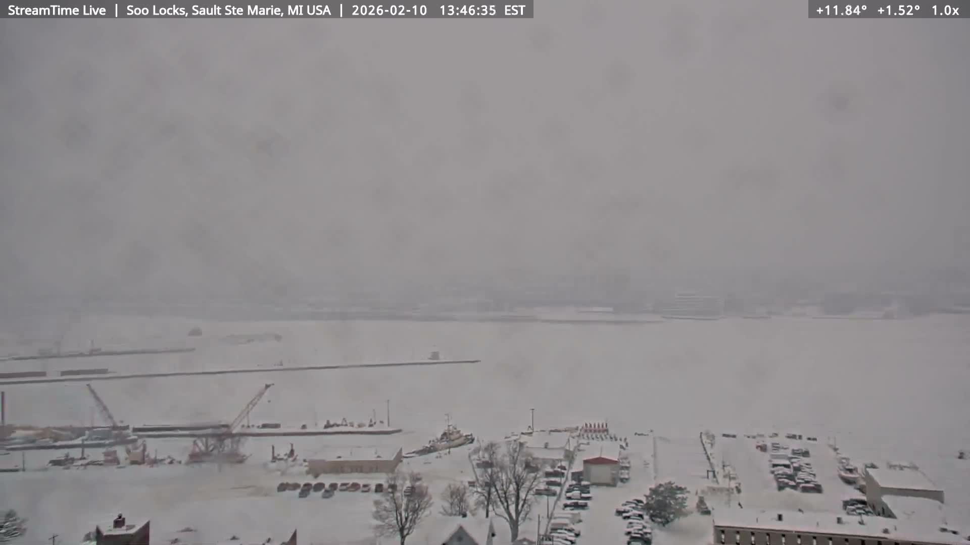 USA - Canada Border, Sault Ste. Marie USA / Sault Ste. Marie Canada Cities & St. Marys River Panoramic Live Cam - Sault Ste. Marie, Chippewa, Michigan, USA