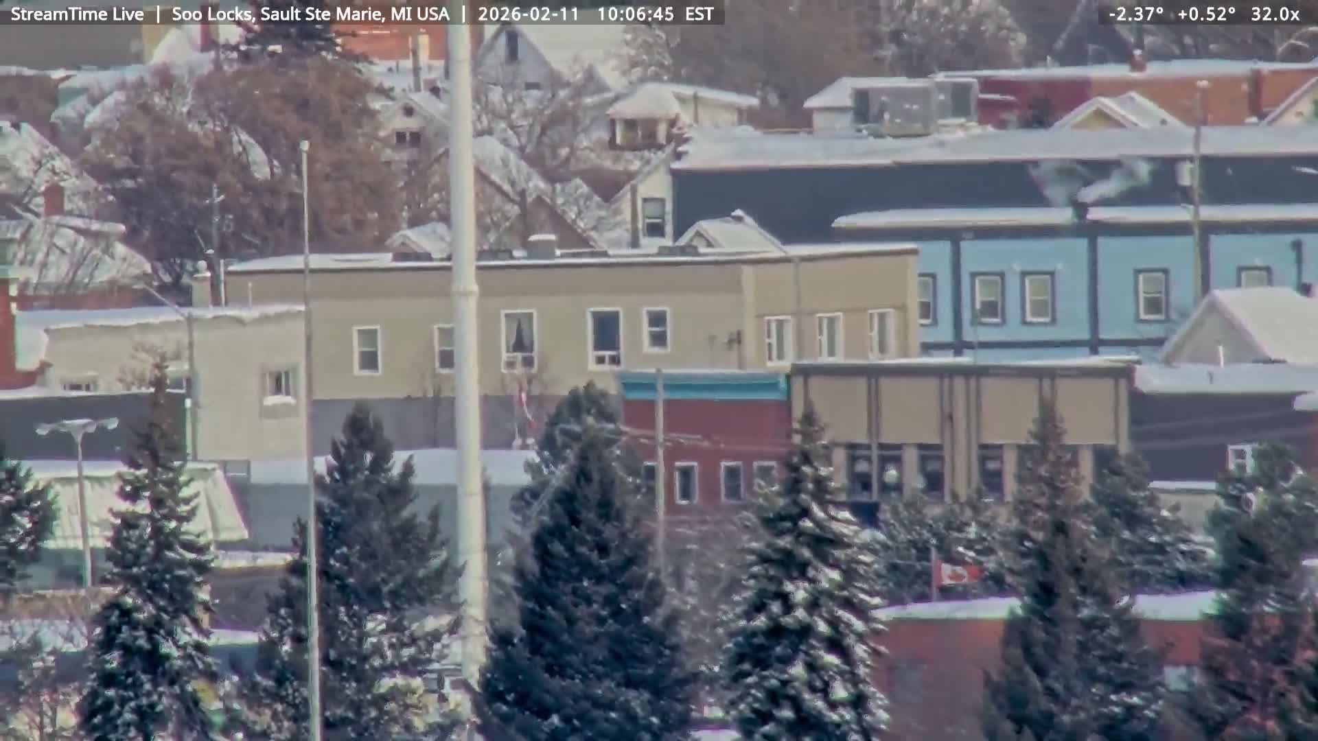 USA - Canada Border, Sault Ste. Marie USA / Sault Ste. Marie Canada Cities & St. Marys River Panoramic Live Cam - Sault Ste. Marie, Chippewa, Michigan, USA