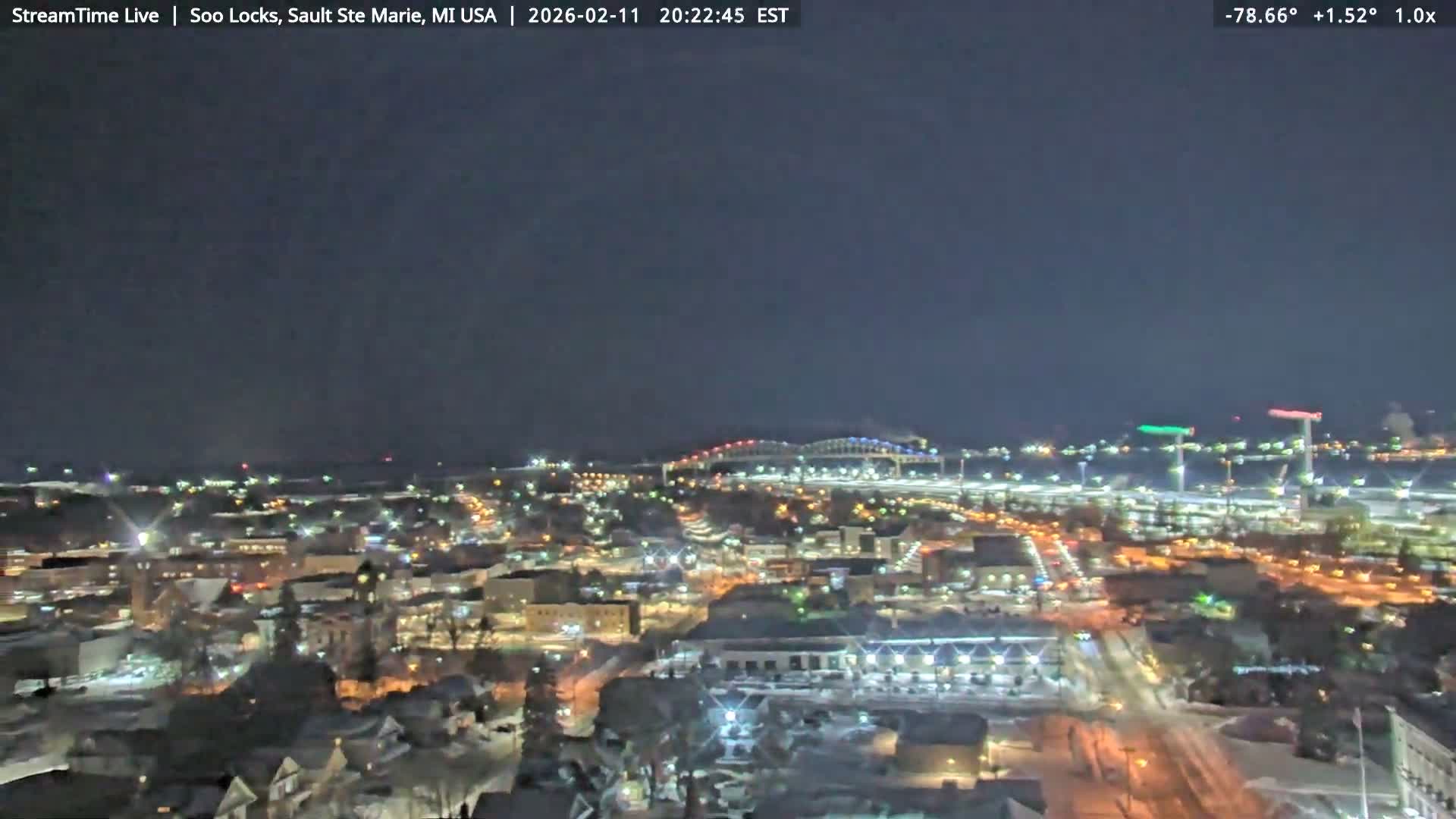 USA - Canada Border, Sault Ste. Marie USA / Sault Ste. Marie Canada Cities & St. Marys River Panoramic Live Cam - Sault Ste. Marie, Chippewa, Michigan, USA