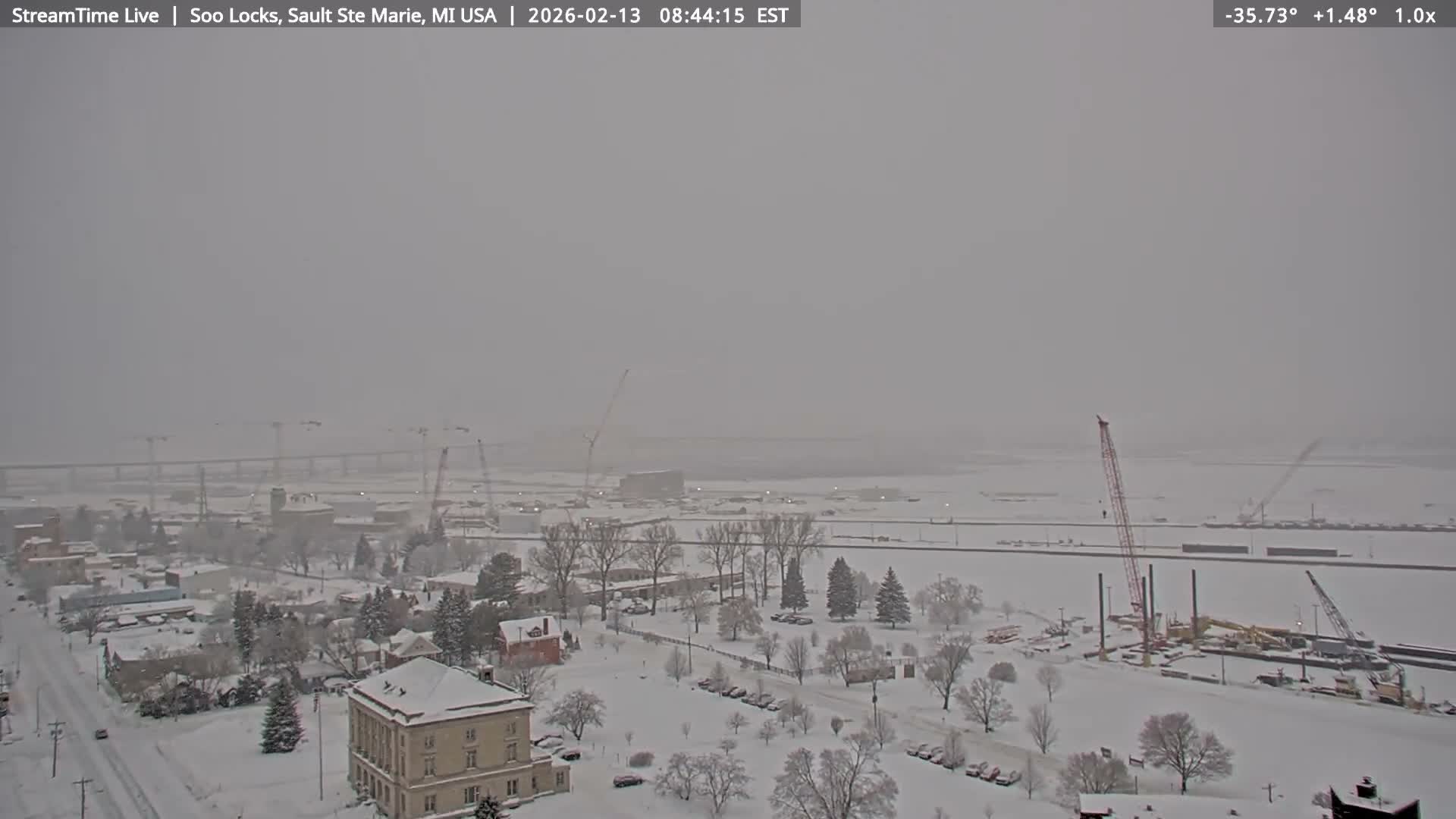 USA - Canada Border, Sault Ste. Marie USA / Sault Ste. Marie Canada Cities & St. Marys River Panoramic Live Cam - Sault Ste. Marie, Chippewa, Michigan, USA