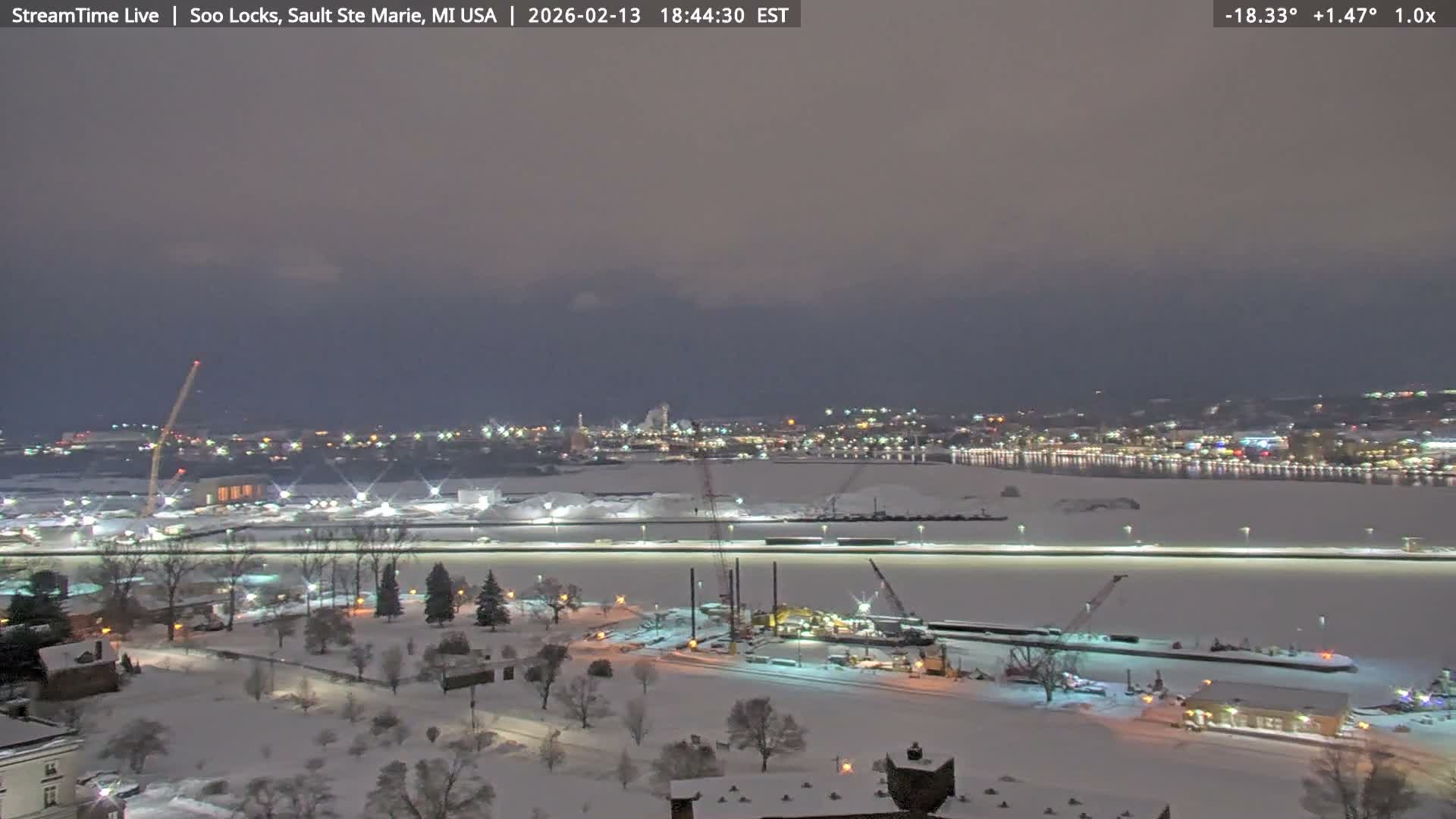 USA - Canada Border, Sault Ste. Marie USA / Sault Ste. Marie Canada Cities & St. Marys River Panoramic Live Cam - Sault Ste. Marie, Chippewa, Michigan, USA