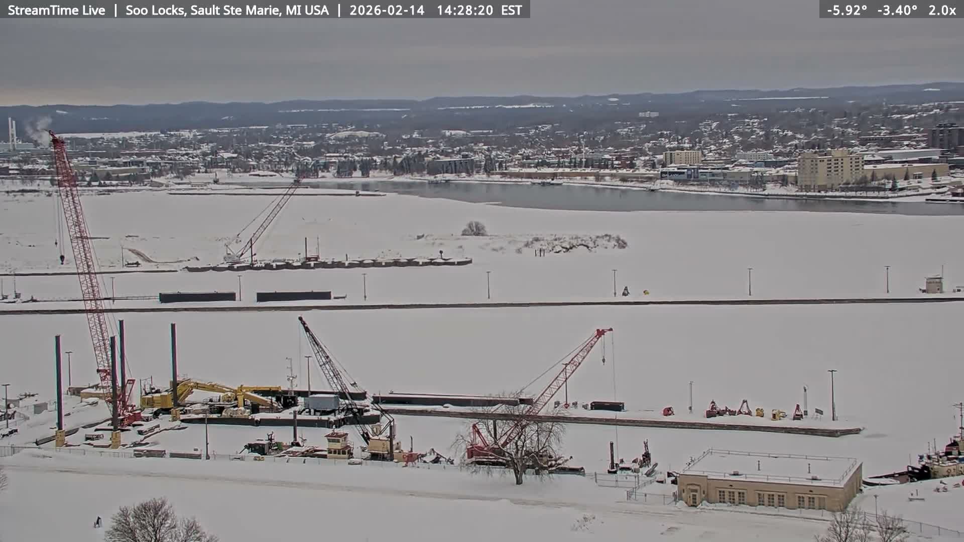 USA - Canada Border, Sault Ste. Marie USA / Sault Ste. Marie Canada Cities & St. Marys River Panoramic Live Cam - Sault Ste. Marie, Chippewa, Michigan, USA