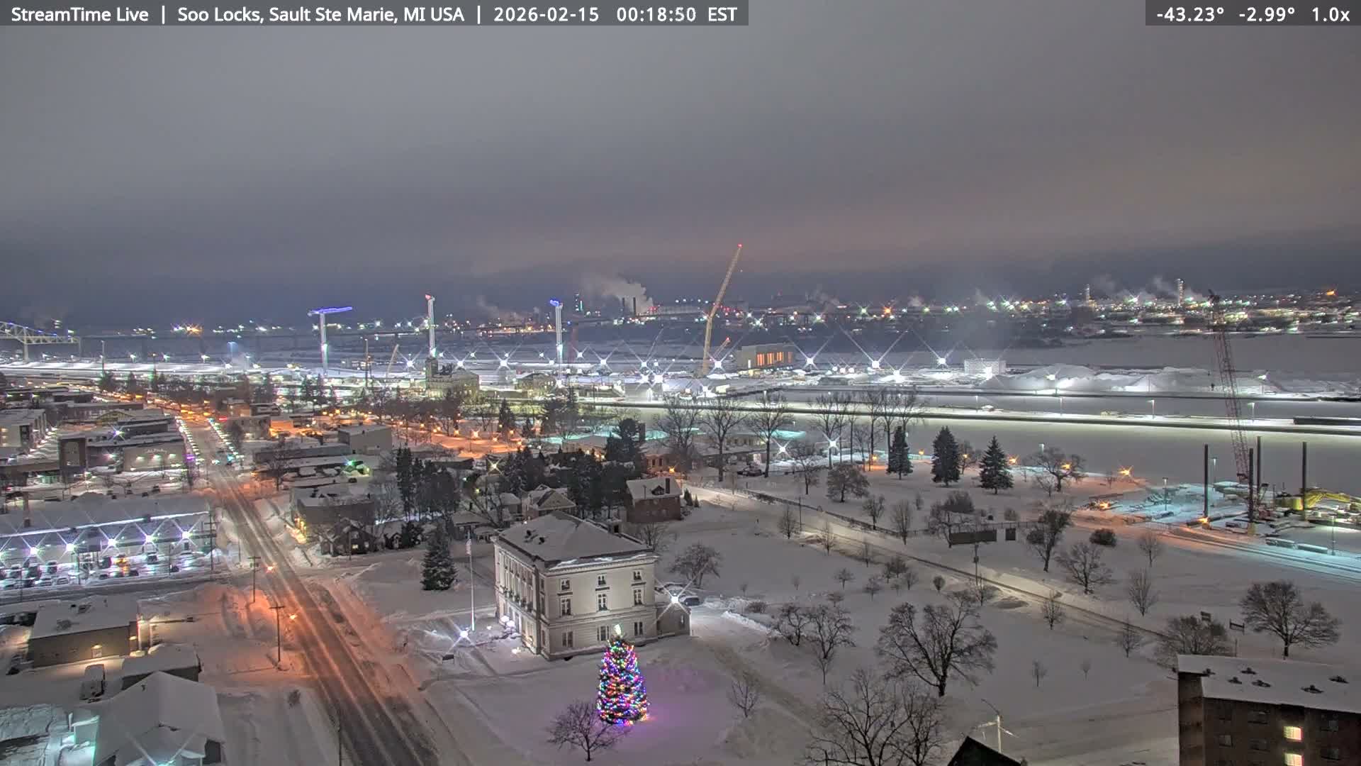 USA - Canada Border, Sault Ste. Marie USA / Sault Ste. Marie Canada Cities & St. Marys River Panoramic Live Cam - Sault Ste. Marie, Chippewa, Michigan, USA