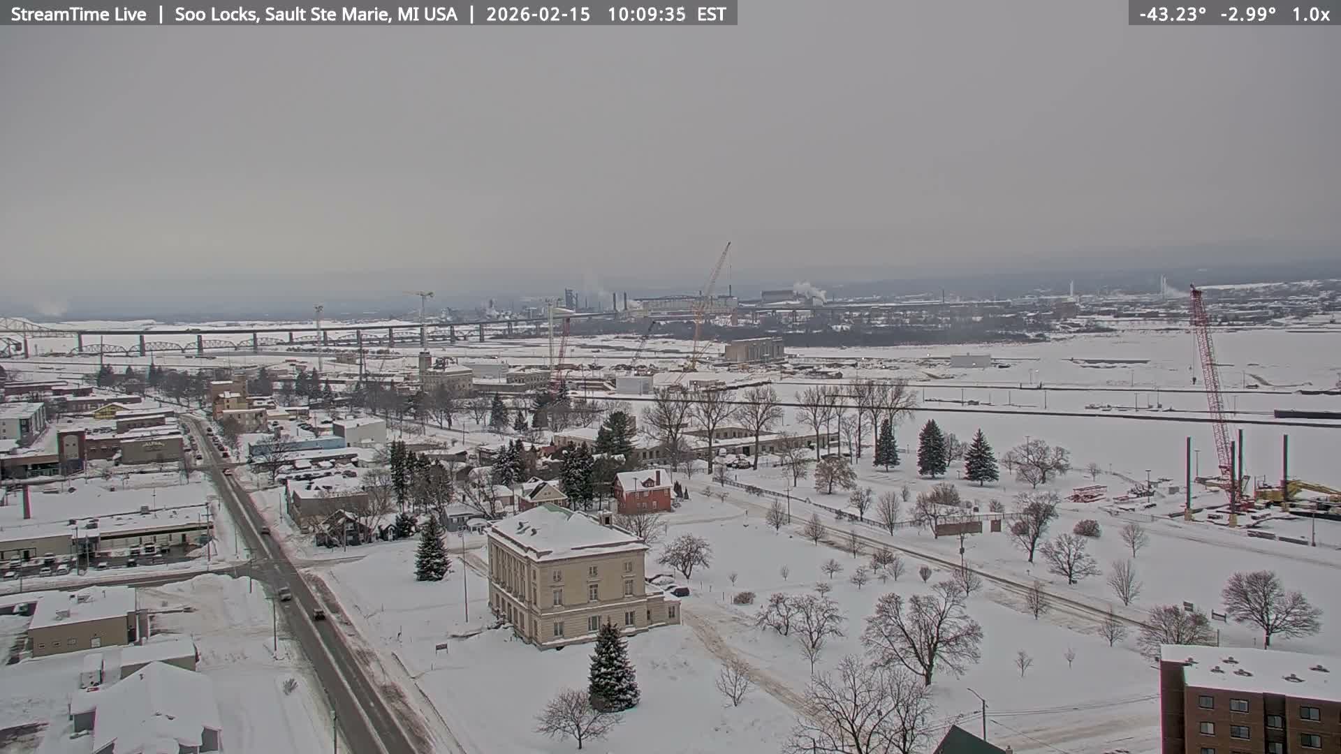 USA - Canada Border, Sault Ste. Marie USA / Sault Ste. Marie Canada Cities & St. Marys River Panoramic Live Cam - Sault Ste. Marie, Chippewa, Michigan, USA