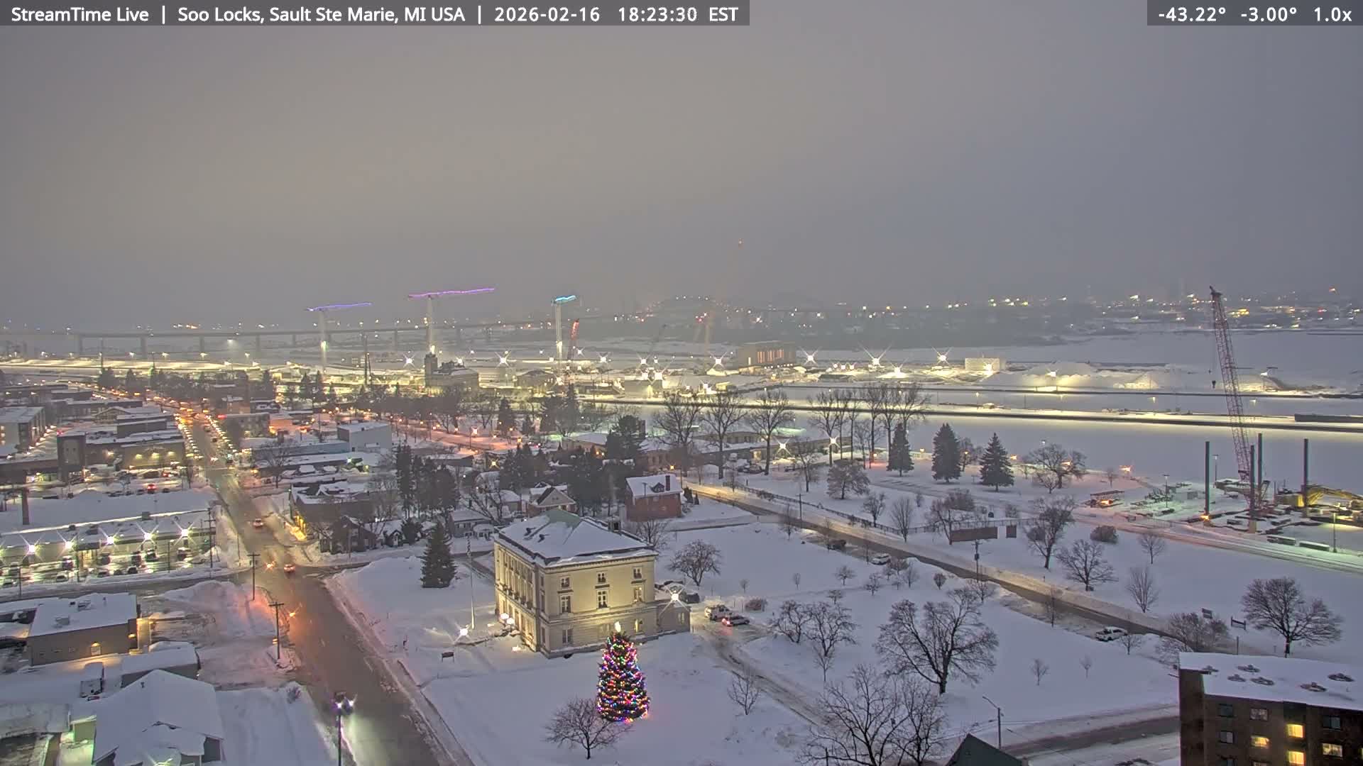 USA - Canada Border, Sault Ste. Marie USA / Sault Ste. Marie Canada Cities & St. Marys River Panoramic Live Cam - Sault Ste. Marie, Chippewa, Michigan, USA