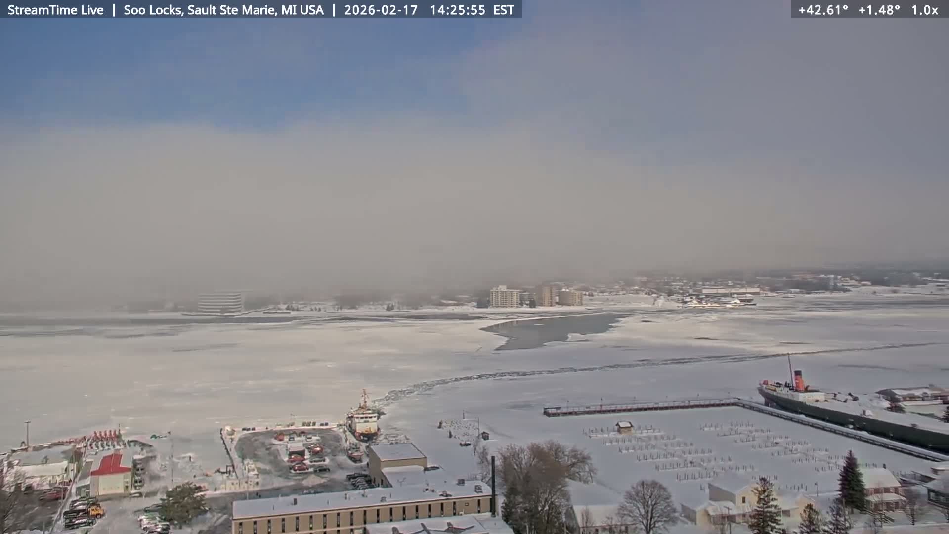 USA - Canada Border, Sault Ste. Marie USA / Sault Ste. Marie Canada Cities & St. Marys River Panoramic Live Cam - Sault Ste. Marie, Chippewa, Michigan, USA