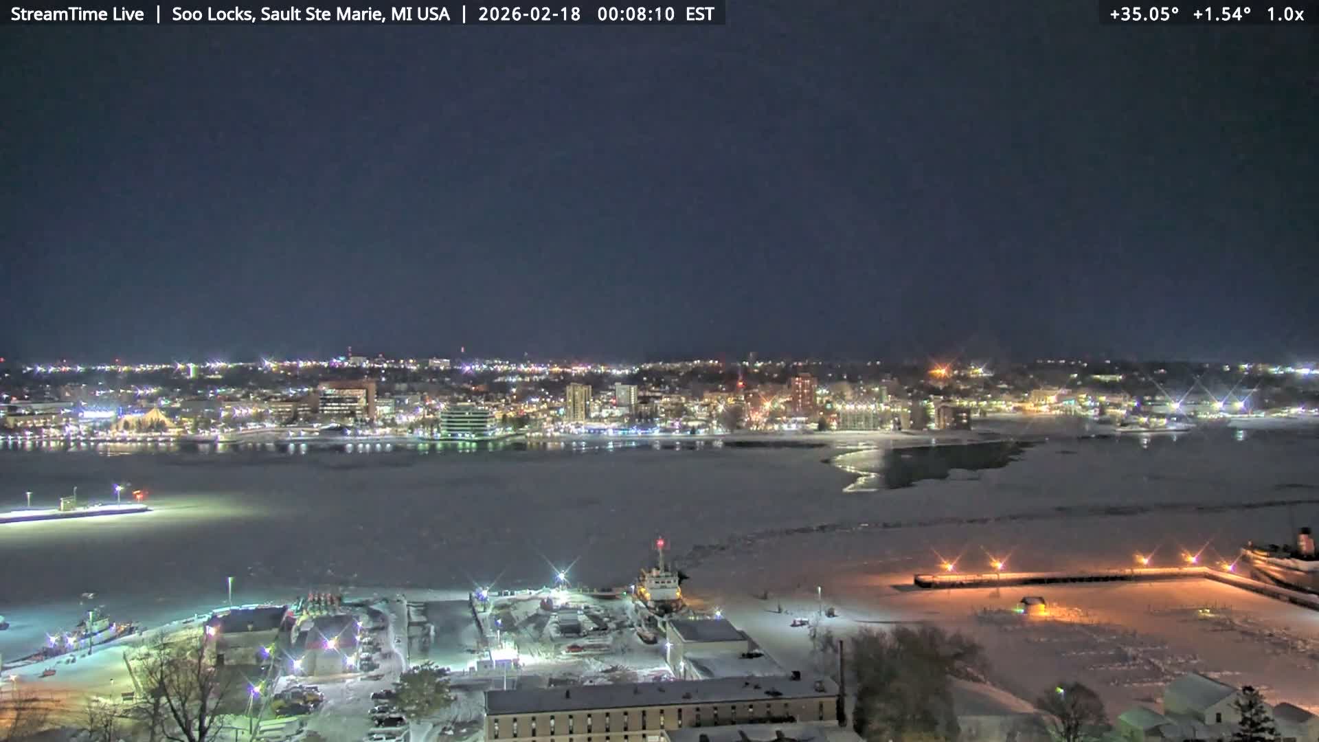USA - Canada Border, Sault Ste. Marie USA / Sault Ste. Marie Canada Cities & St. Marys River Panoramic Live Cam - Sault Ste. Marie, Chippewa, Michigan, USA