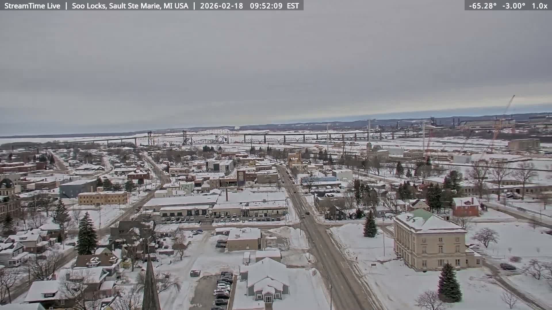 USA - Canada Border, Sault Ste. Marie USA / Sault Ste. Marie Canada Cities & St. Marys River Panoramic Live Cam - Sault Ste. Marie, Chippewa, Michigan, USA