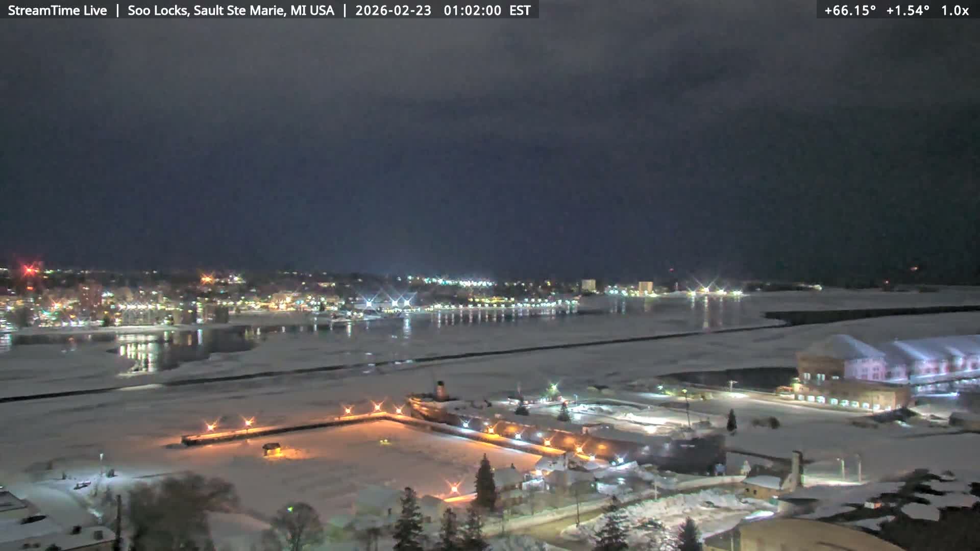 USA - Canada Border, Sault Ste. Marie USA / Sault Ste. Marie Canada Cities & St. Marys River Panoramic Live Cam - Sault Ste. Marie, Chippewa, Michigan, USA