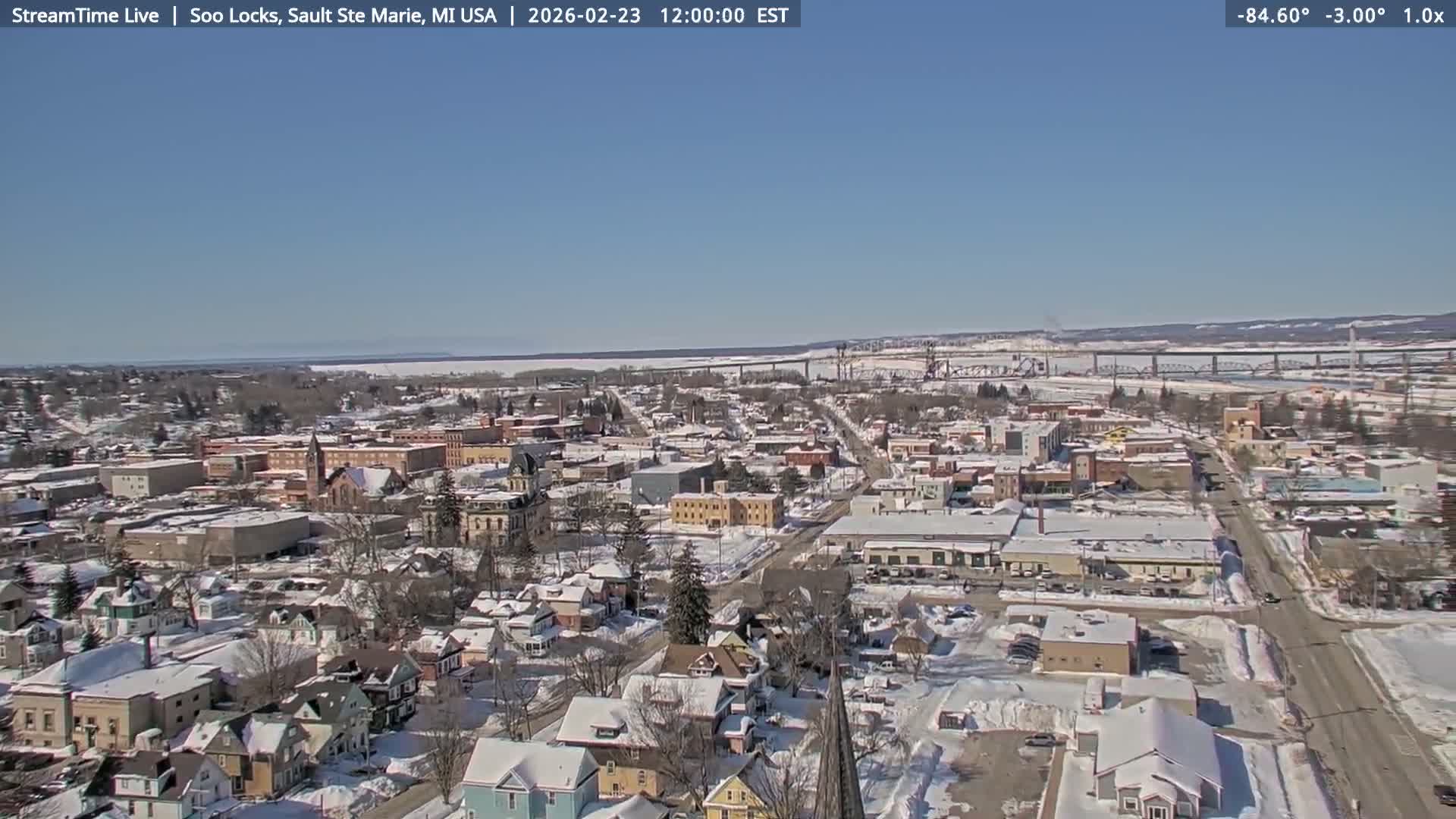 USA - Canada Border, Sault Ste. Marie USA / Sault Ste. Marie Canada Cities & St. Marys River Panoramic Live Cam - Sault Ste. Marie, Chippewa, Michigan, USA